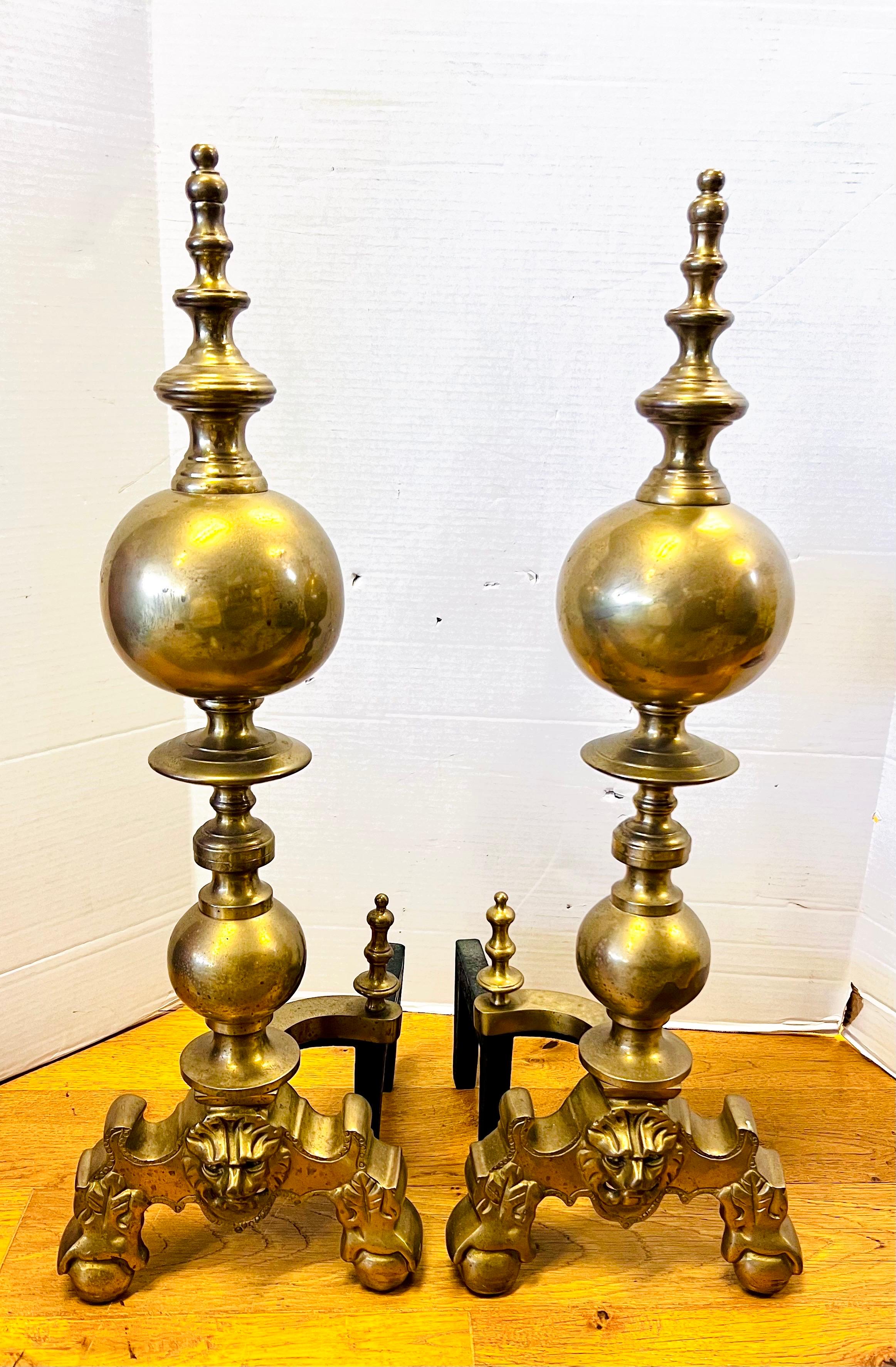20th Century Pair of English Brass Cannonball Andirons with Lion Heads