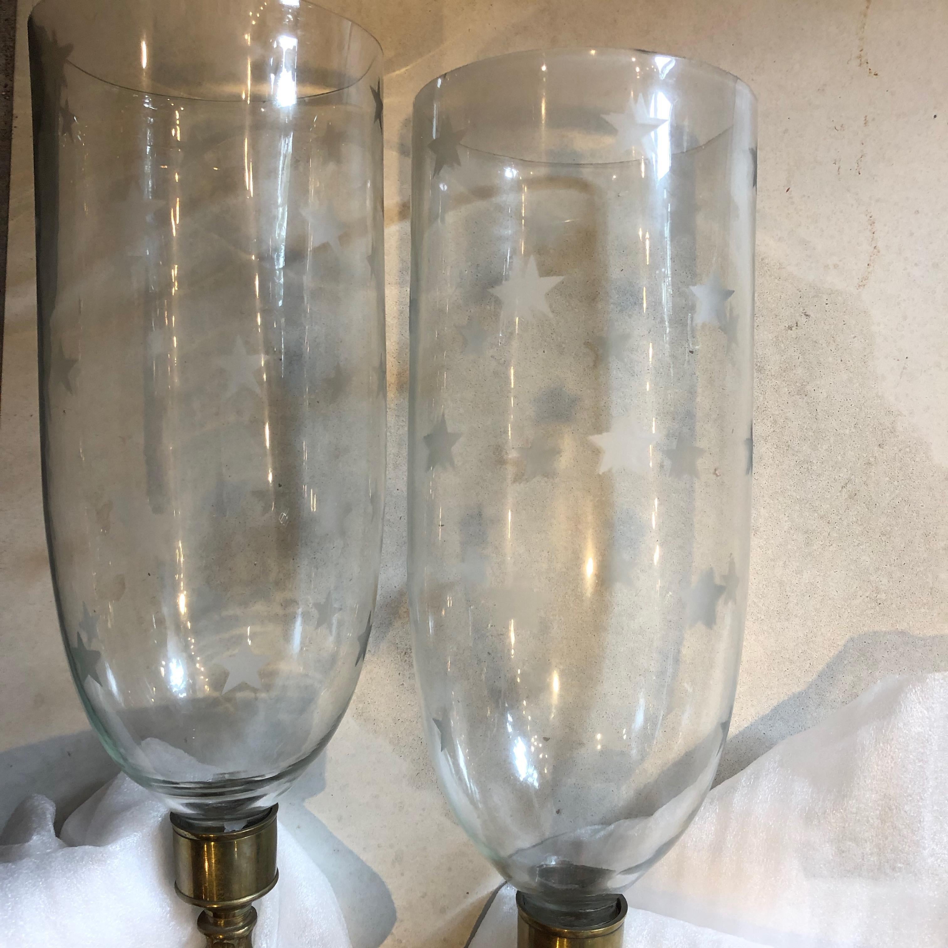 Well made by hand with pair of English brass sconces with crystal globes having 