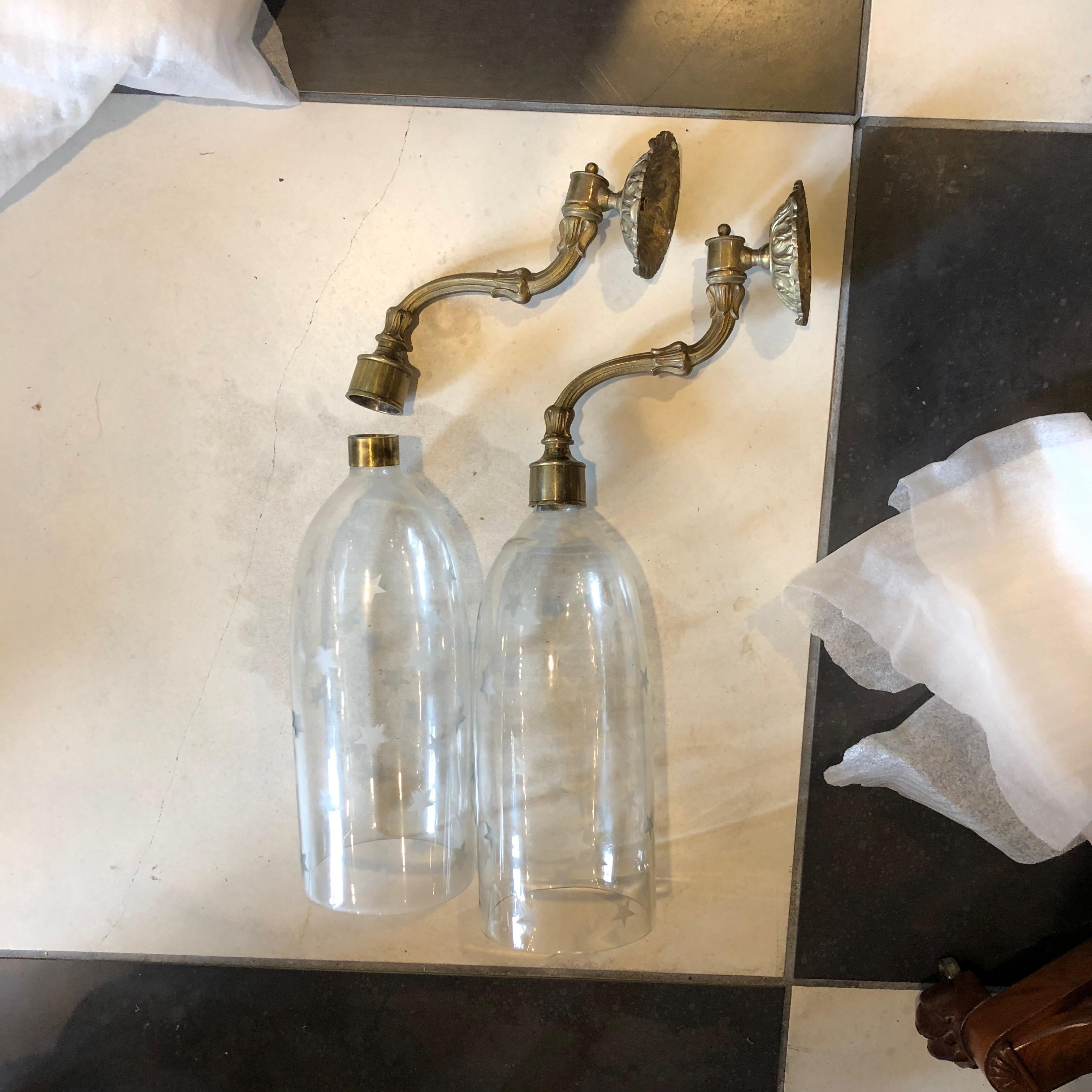 Pair of English Brass Crystal Globe Sconces In Good Condition In Sarasota, FL