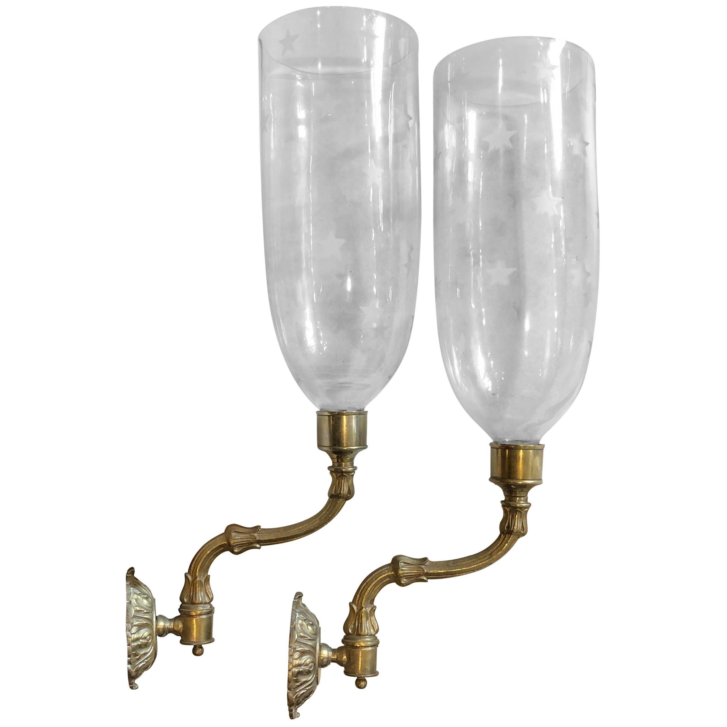 Pair of English Brass Crystal Globe Sconces