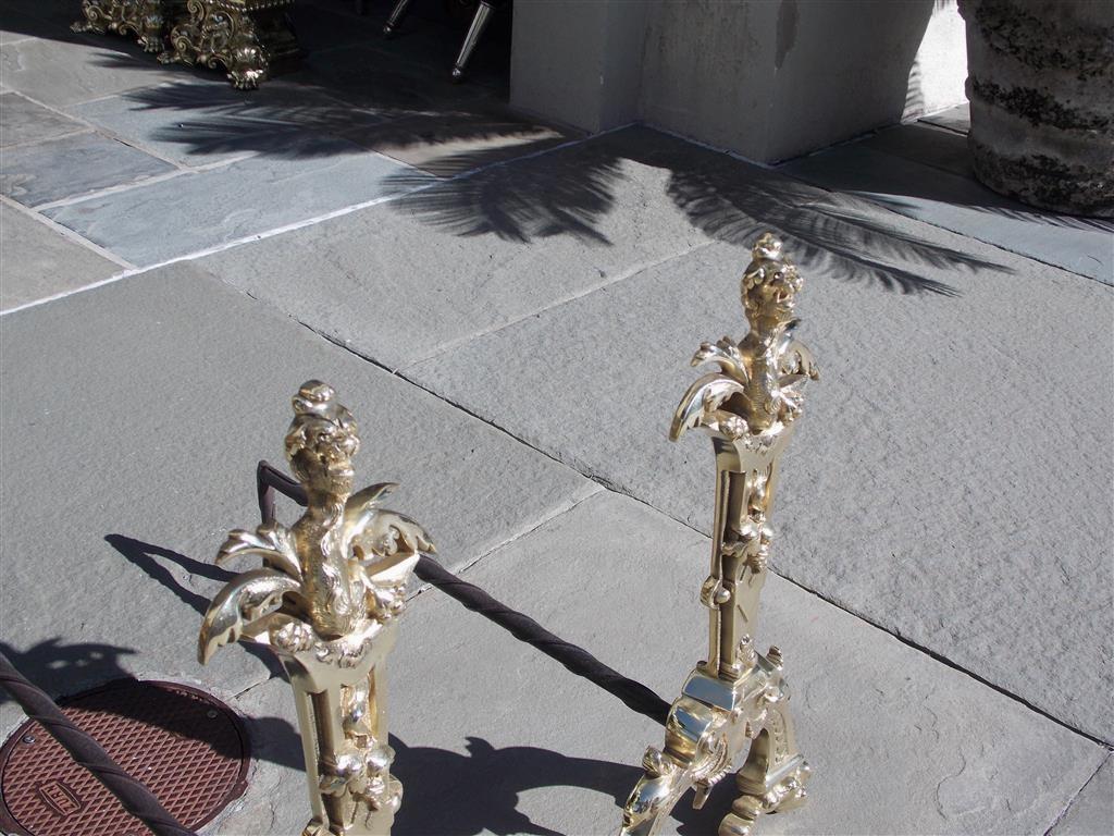 Pair of English Brass Dragon Finial Andirons with Scrolled Leg & Paw Feet C 1840 In Excellent Condition For Sale In Hollywood, SC