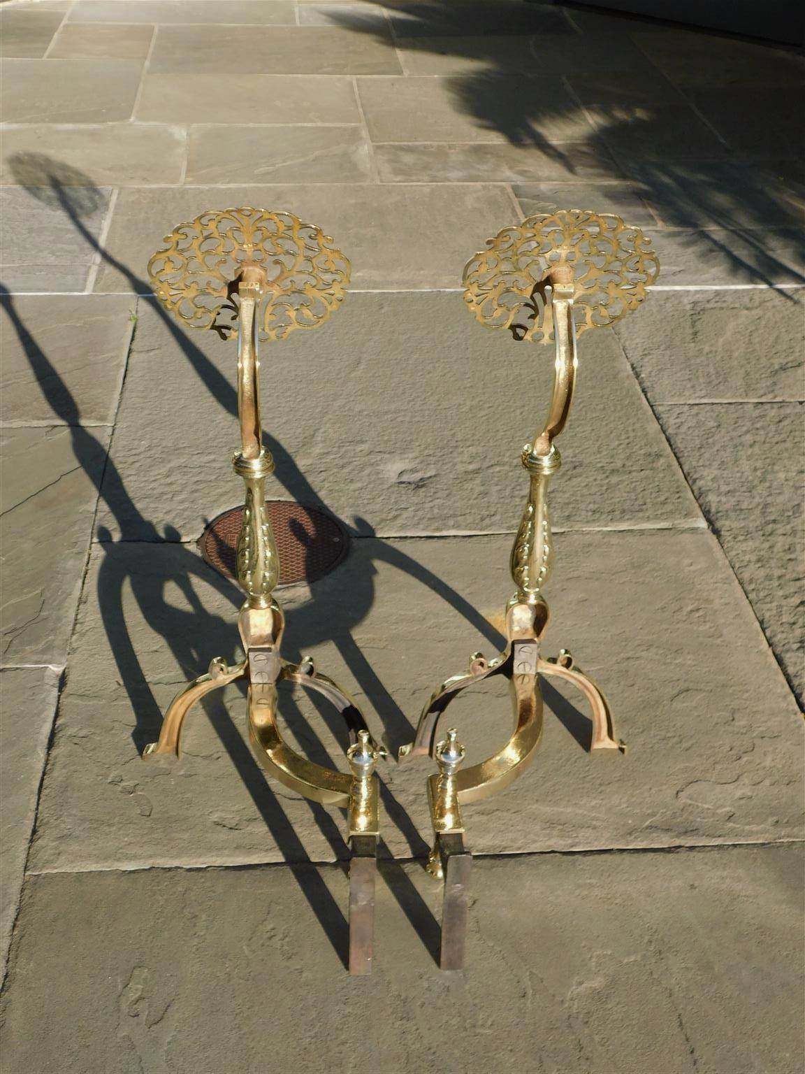 Pair of English Brass Foliage Medallion Andirons with Urn Finial Log Stops, 1840 6