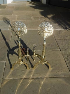 Pair of English Brass Foliage Medallion Andirons with Urn Finial Log Stops, 1840