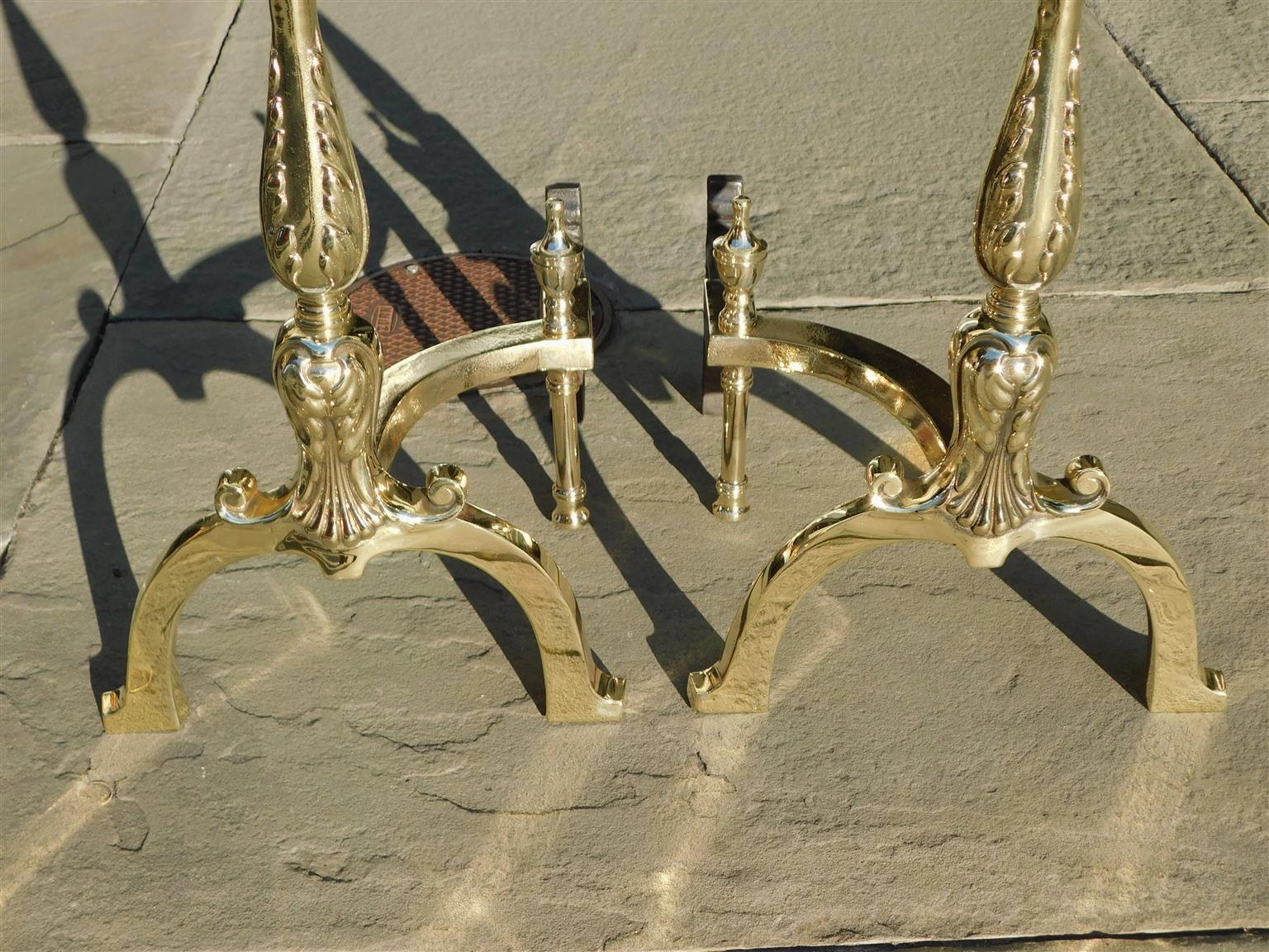 Pair of English Brass Foliage Medallion Andirons with Urn Finial Log Stops, 1840 3