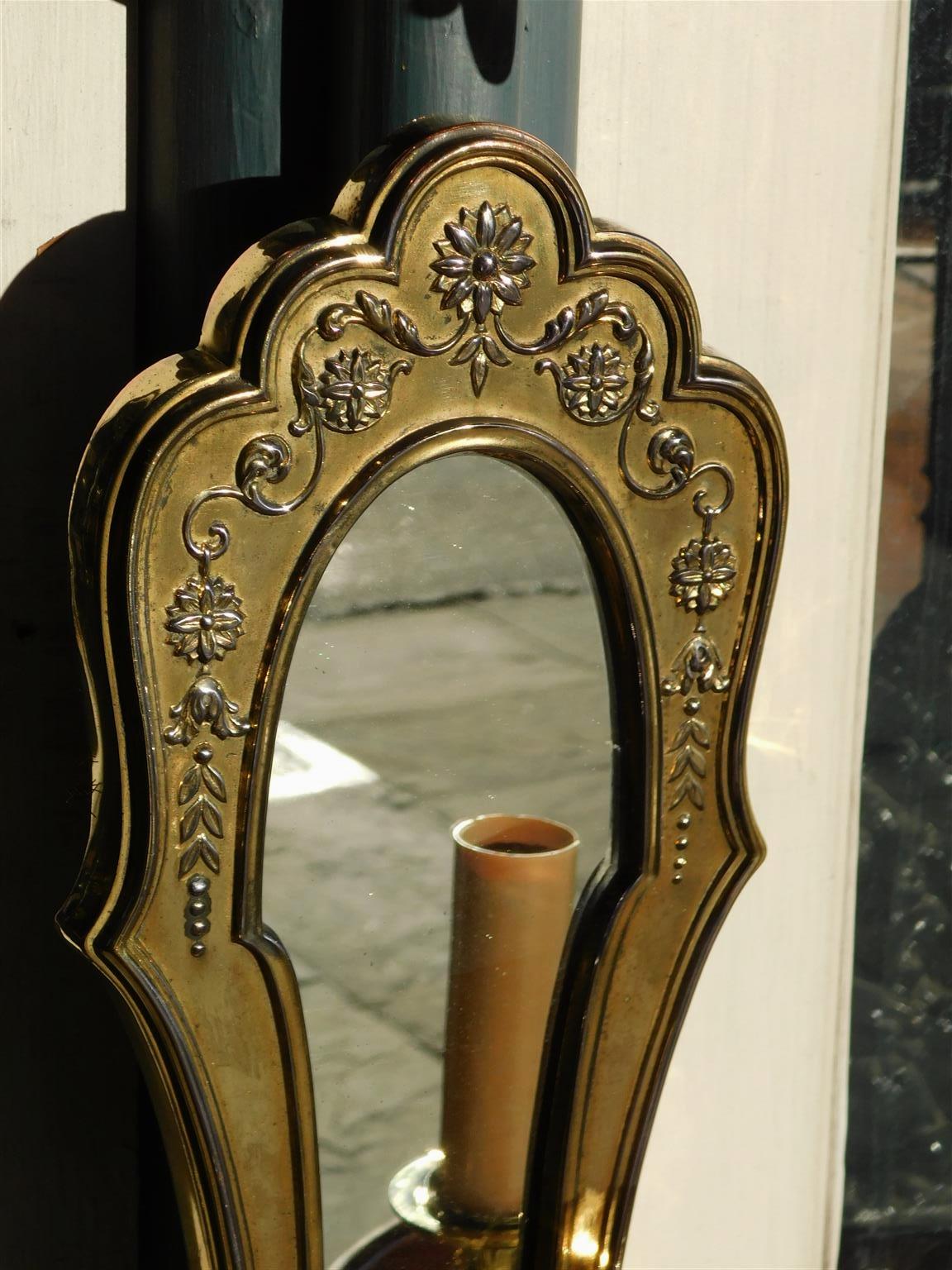 Pair of English Brass Foliage Two Arm Mirrored Sconces, circa 1850 In Excellent Condition For Sale In Hollywood, SC