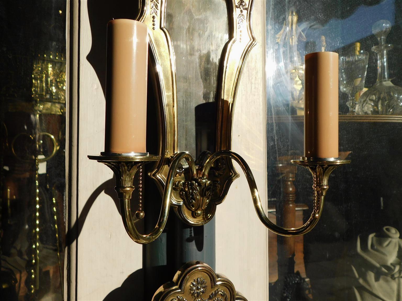 Mid-19th Century Pair of English Brass Foliage Two Arm Mirrored Sconces, circa 1850 For Sale