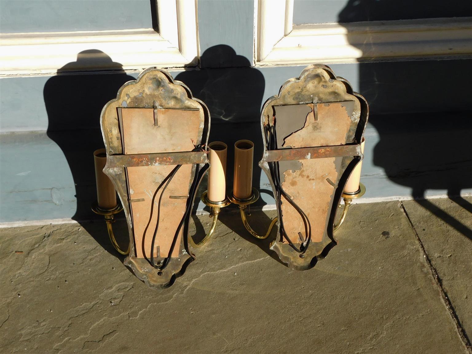 Pair of English Brass Foliage Two Arm Mirrored Sconces, circa 1850 For Sale 1