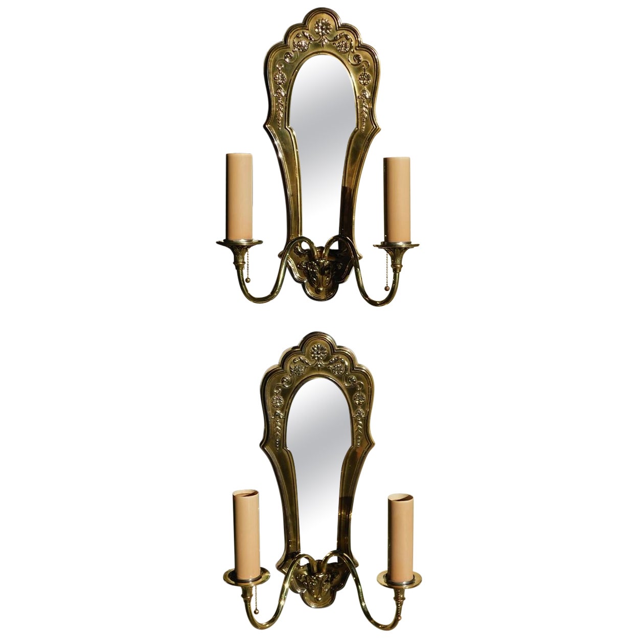 Pair of English Brass Foliage Two Arm Mirrored Sconces, circa 1850