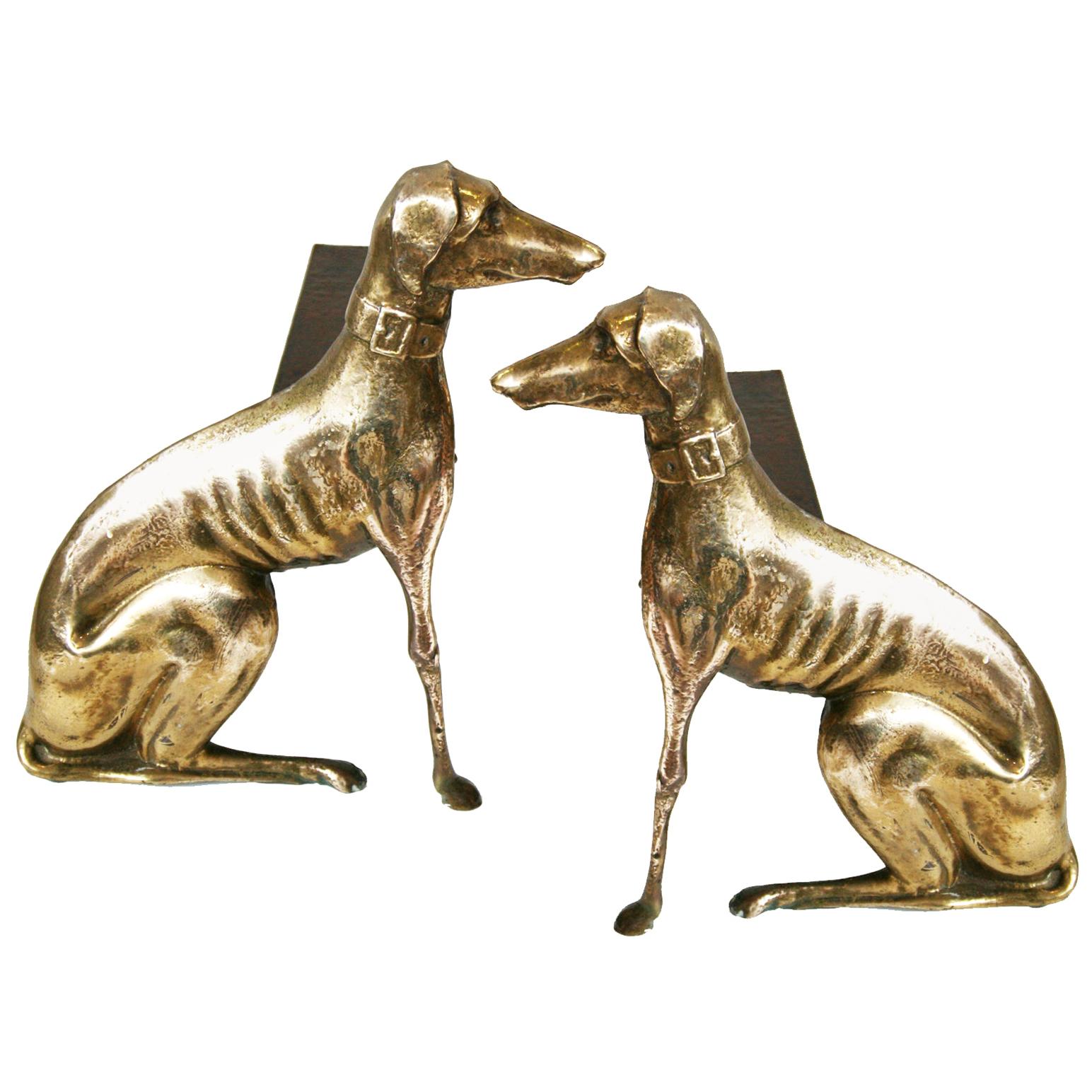  English brass andirons shaped greyhound dog 20th Century
