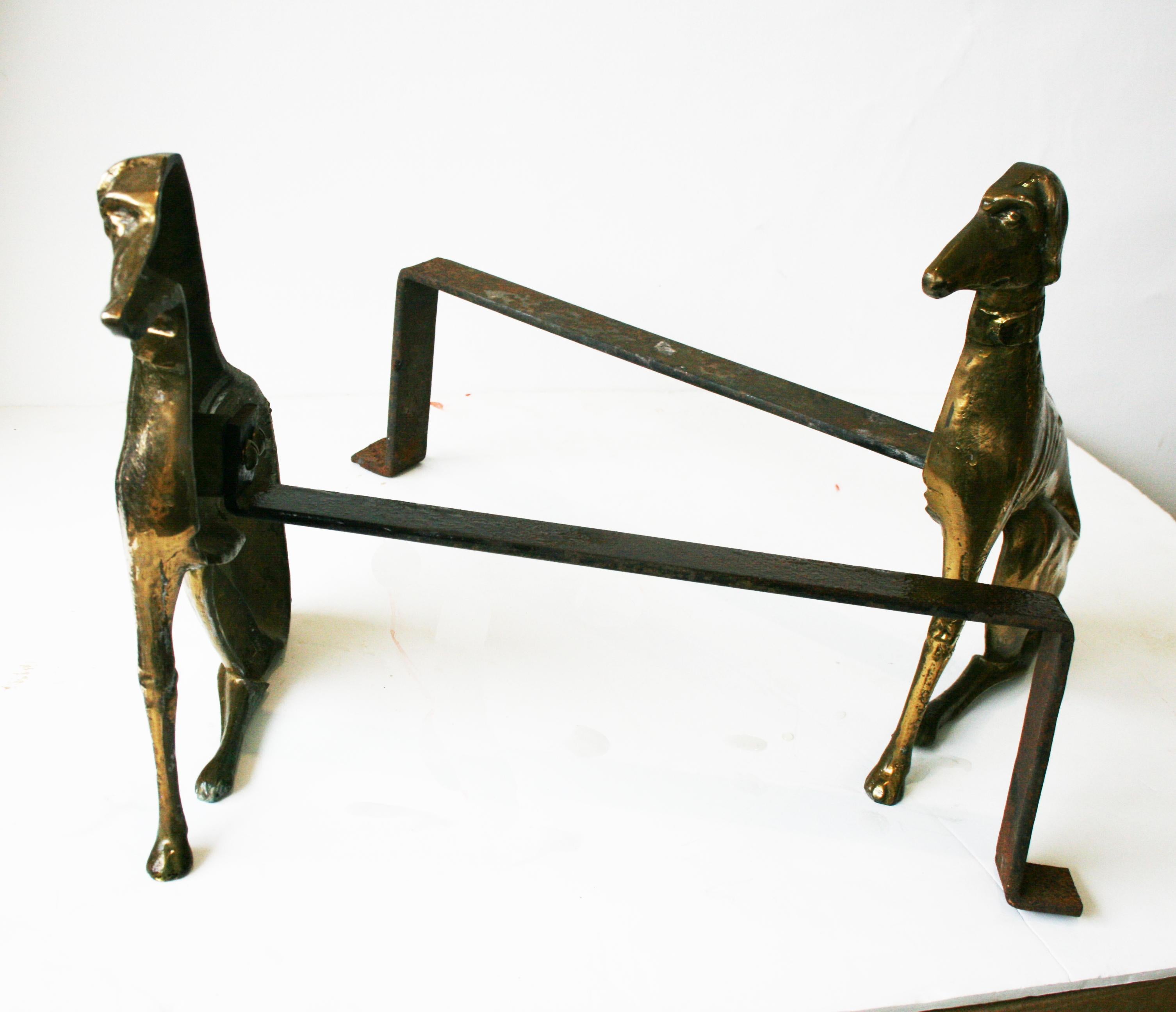  English brass andirons shaped greyhound dog 20th Century 3