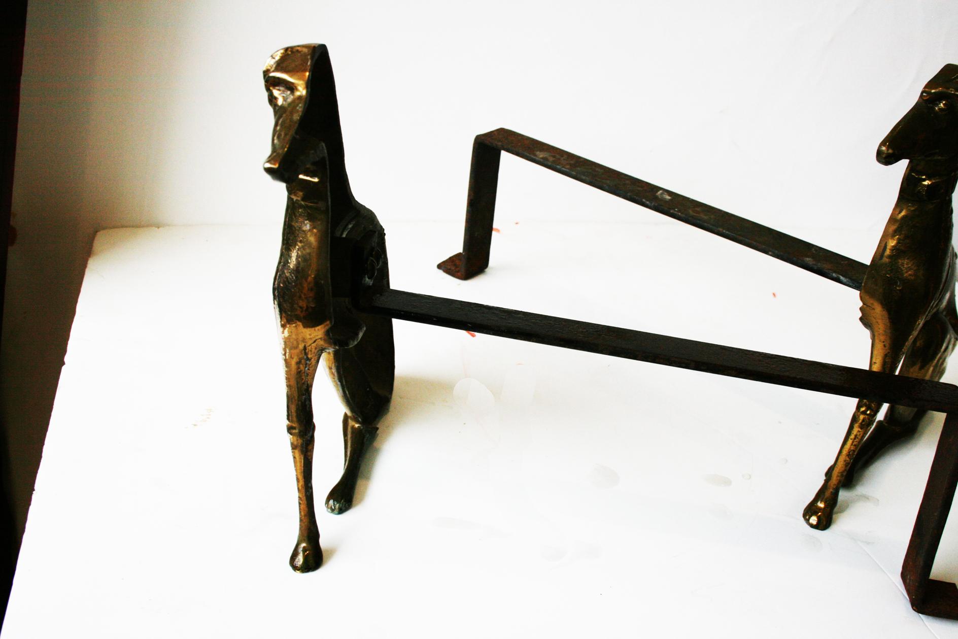  English brass andirons shaped greyhound dog 20th Century 4