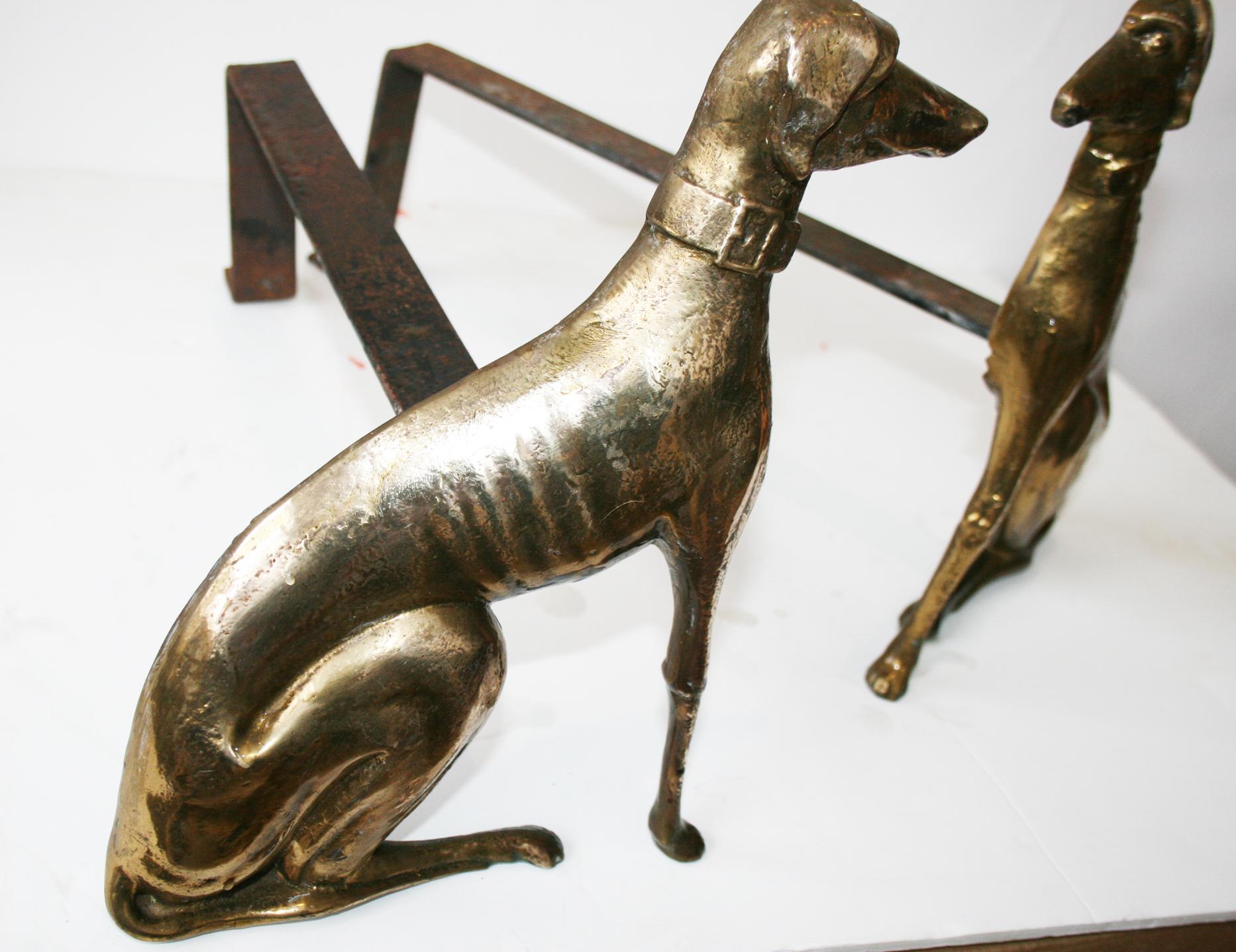  English brass andirons shaped greyhound dog 20th Century 6