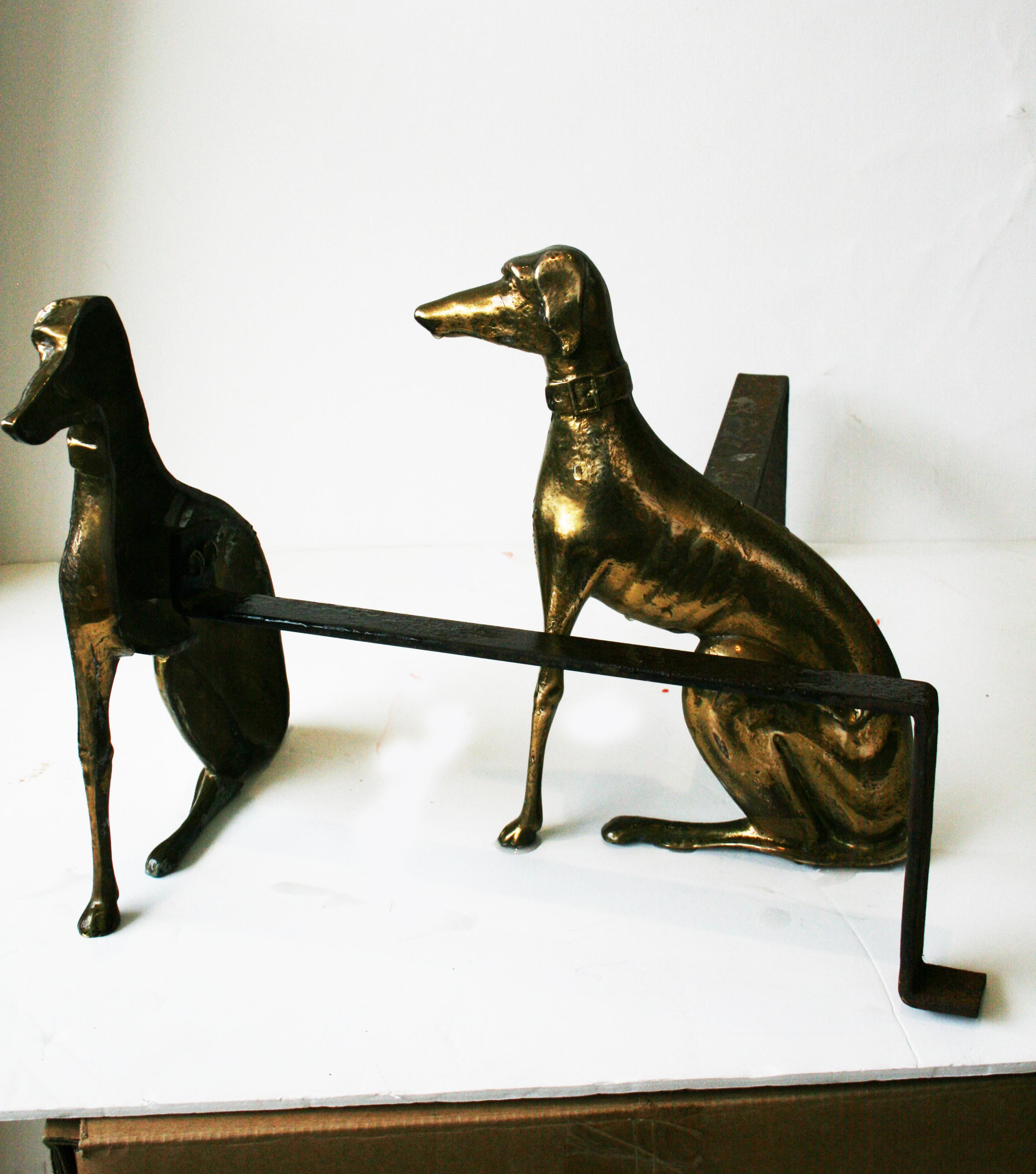  English brass andirons shaped greyhound dog 20th Century 11