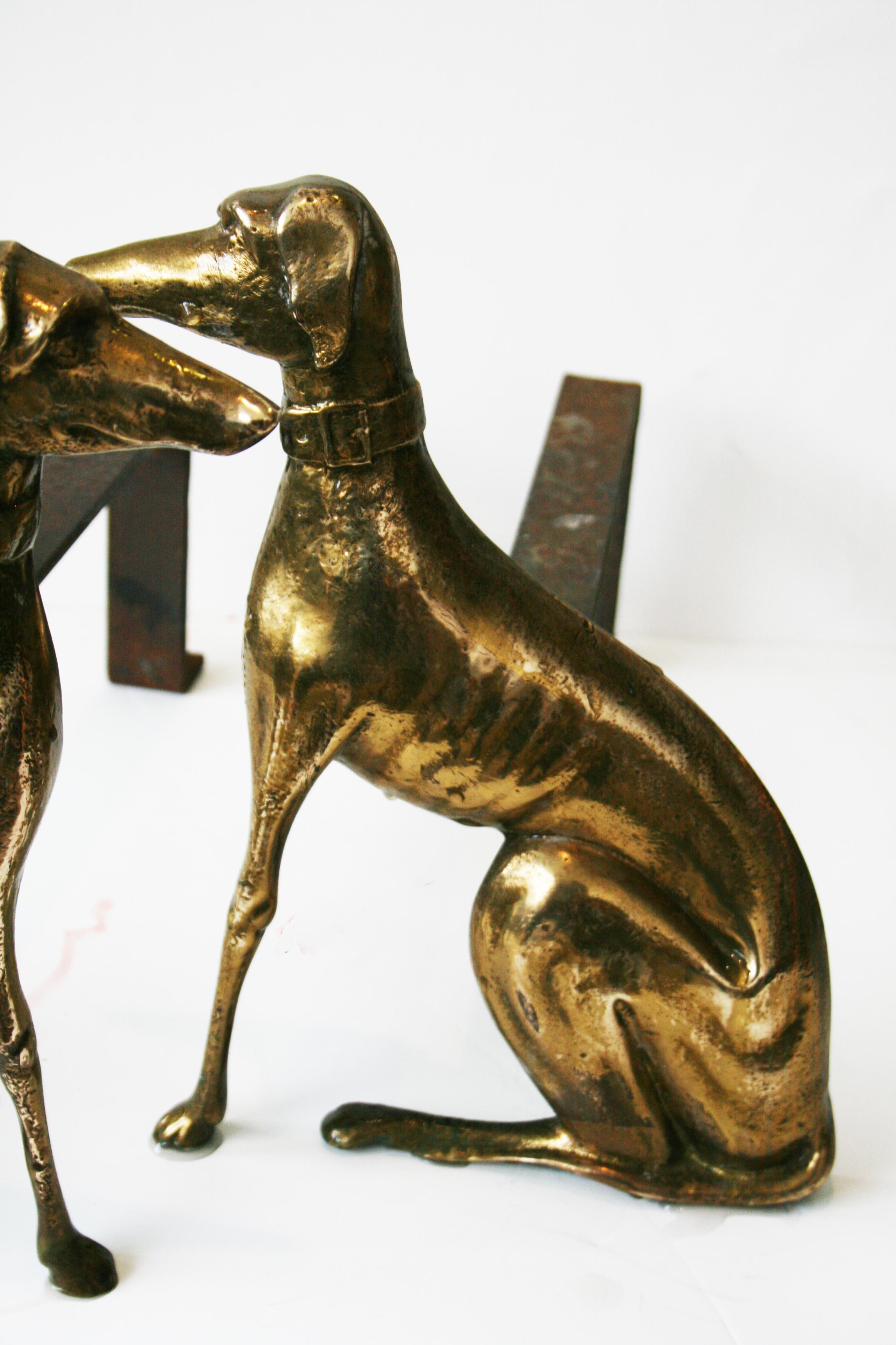 English brass andirons shaped greyhound dog 20th Century 12