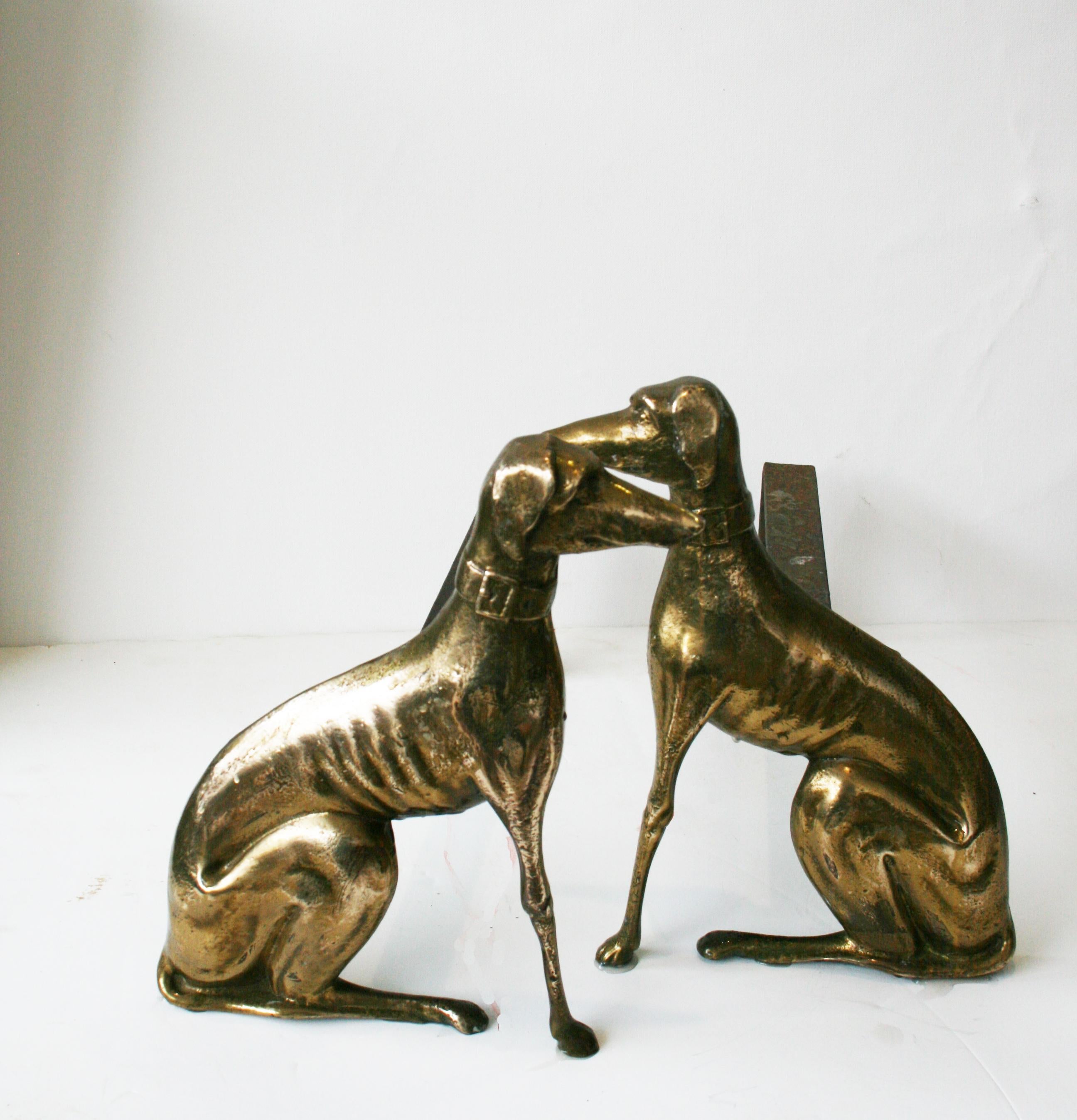 Mid-20th Century  English brass andirons shaped greyhound dog 20th Century