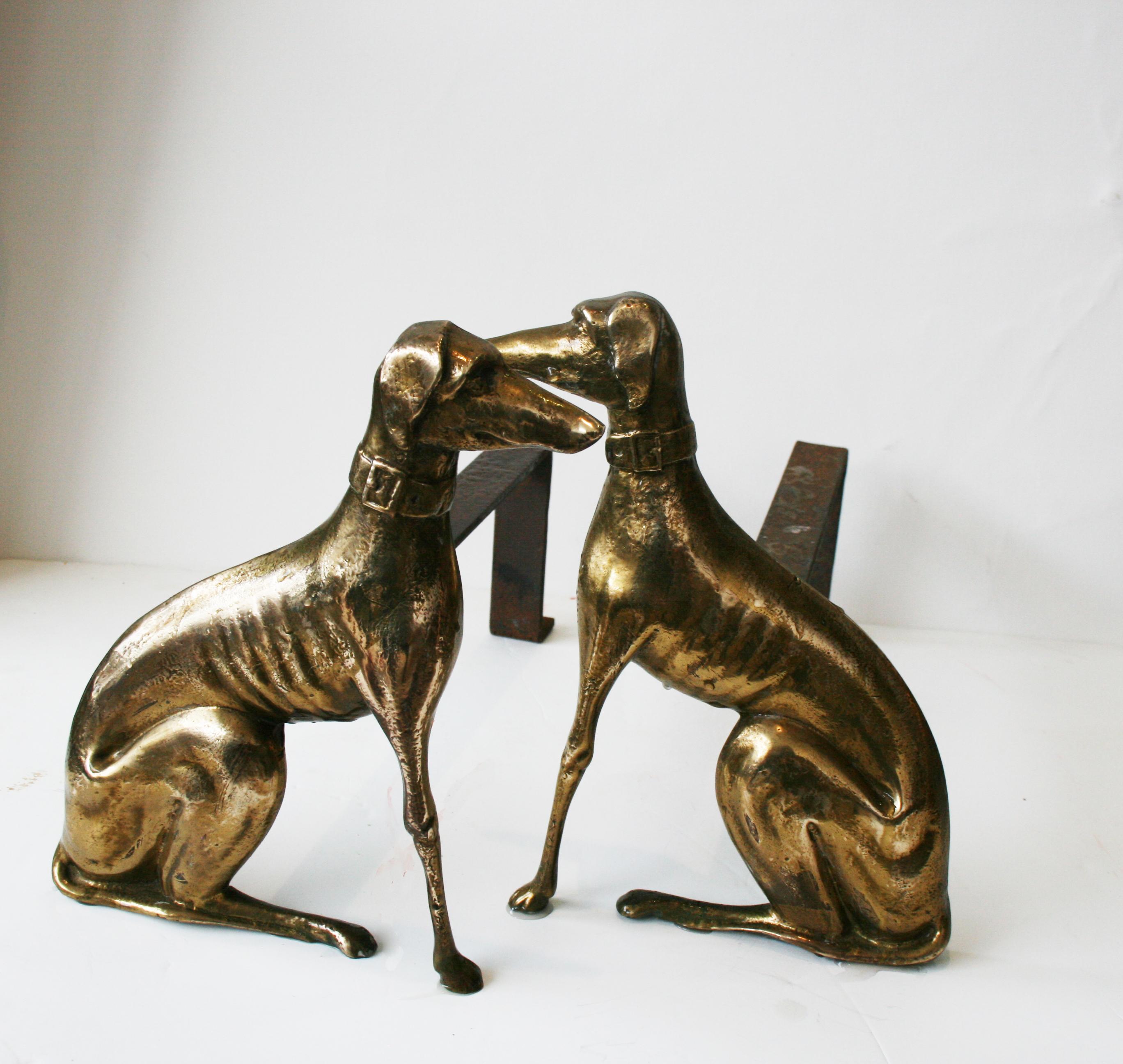 Brass  English brass andirons shaped greyhound dog 20th Century