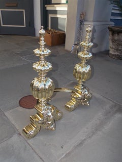 Pair of English Brass Melon and Figural Cherub Medallion Andirons, Circa 1850