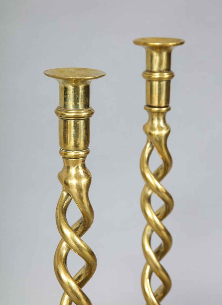 Pair of English Brass Overscale Barley Twist Candlesticks at 1stDibs