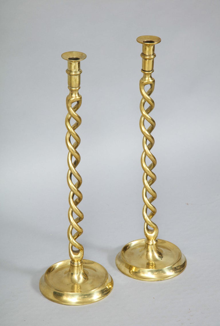 Pair of English Brass Overscale Barley Twist Candlesticks at 1stDibs