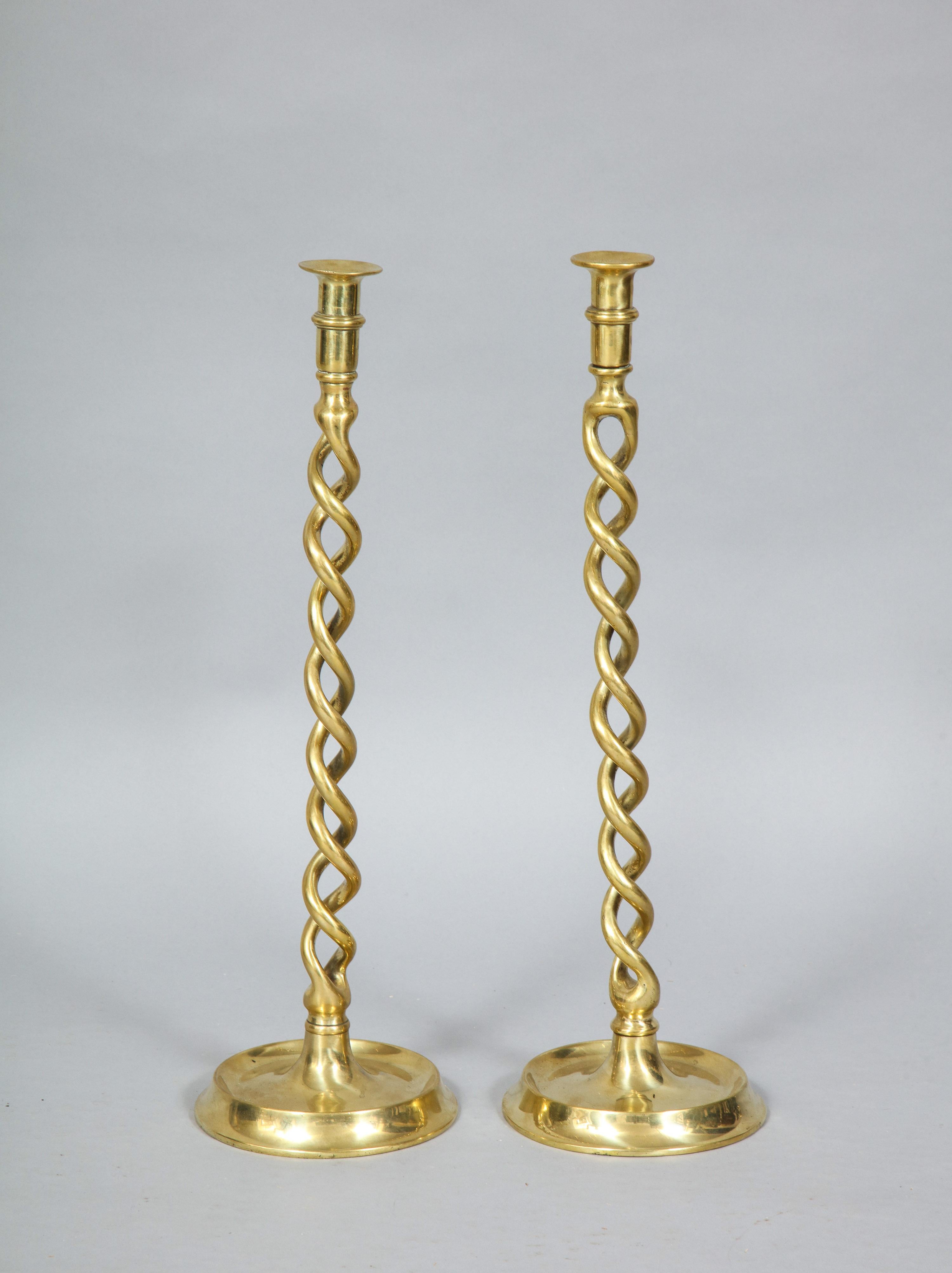 Pair of English Brass Overscale Barley Twist Candlesticks In Good Condition In Greenwich, CT