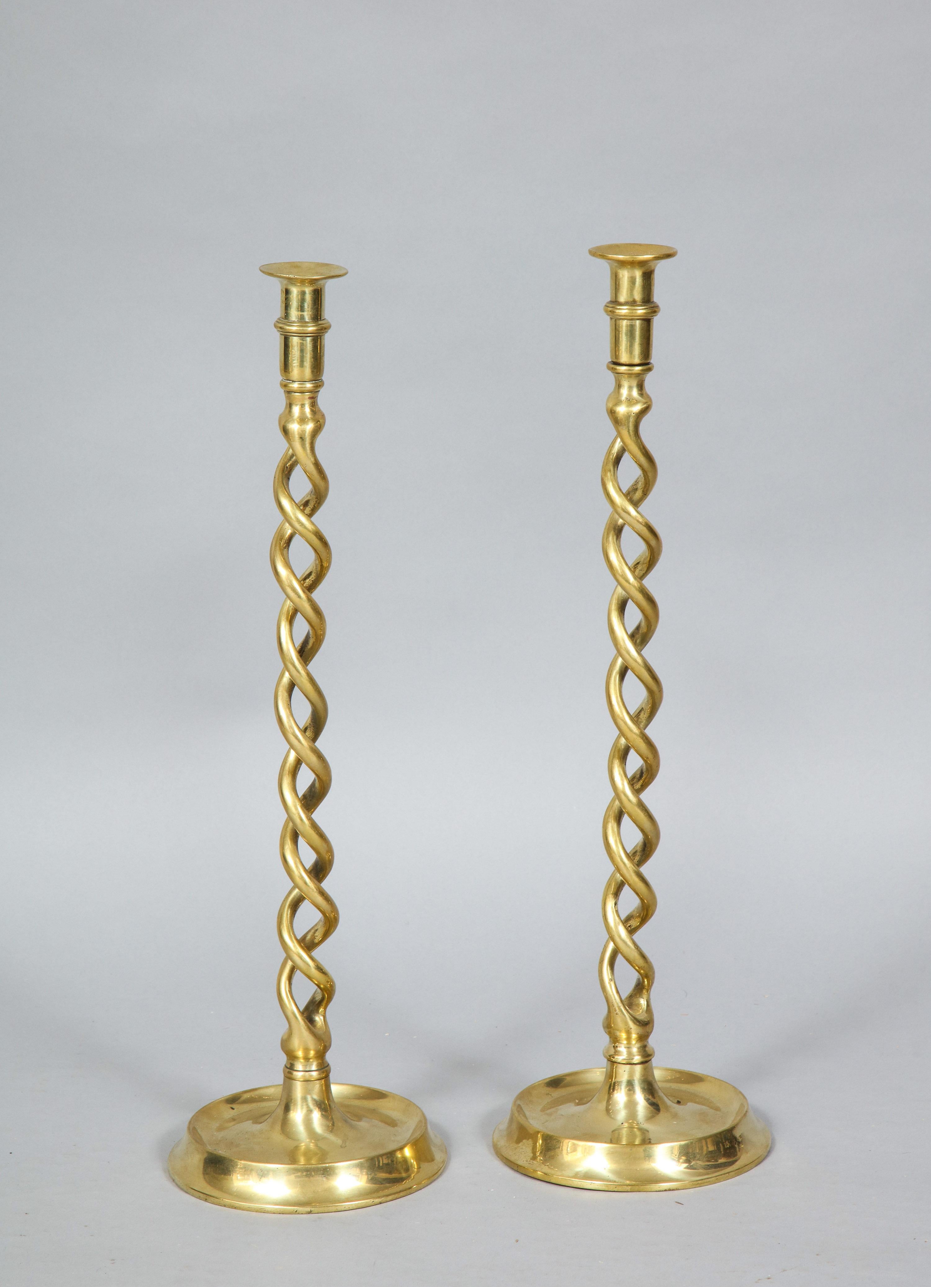 19th Century Pair of English Brass Overscale Barley Twist Candlesticks