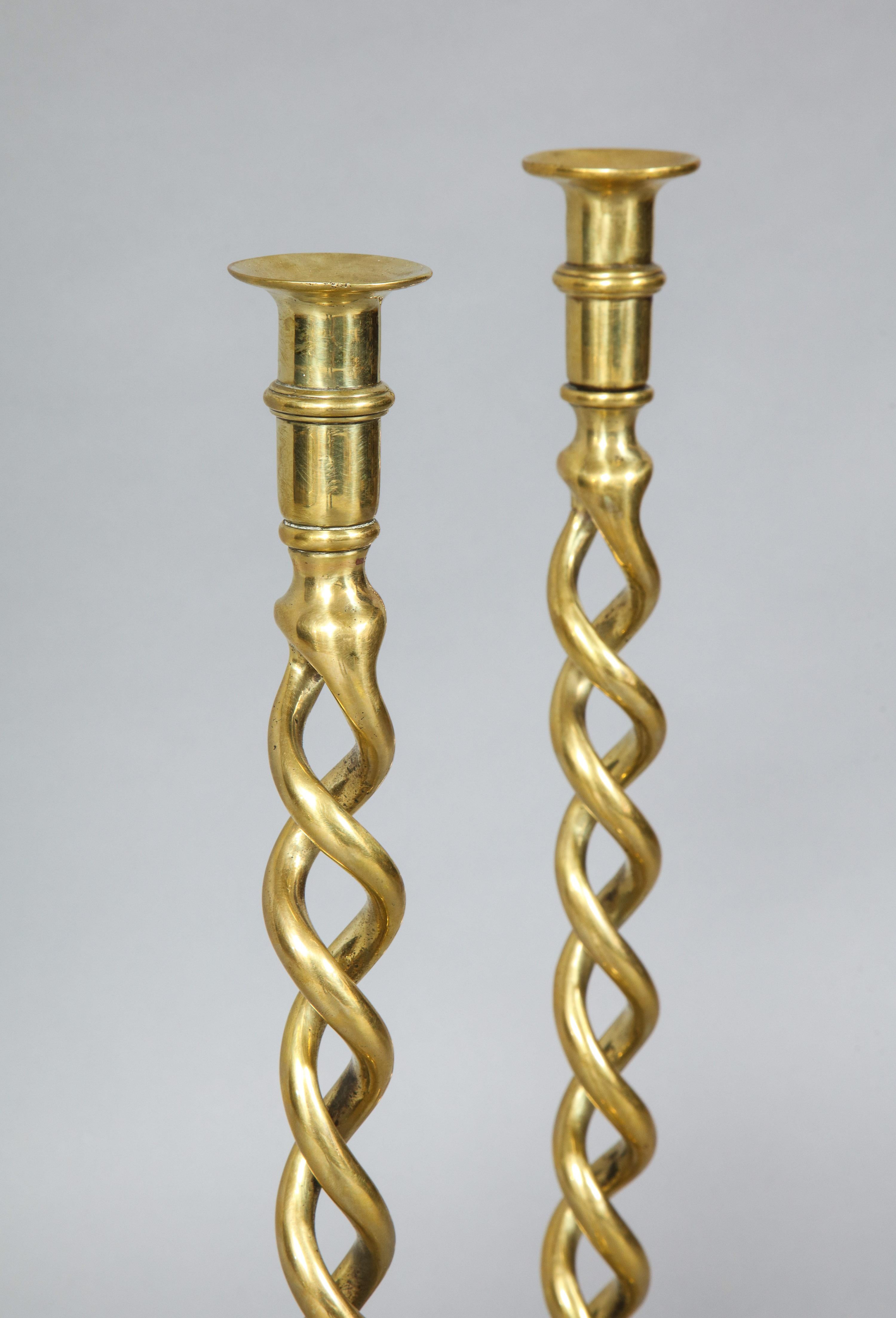 Pair of English Brass Overscale Barley Twist Candlesticks 1