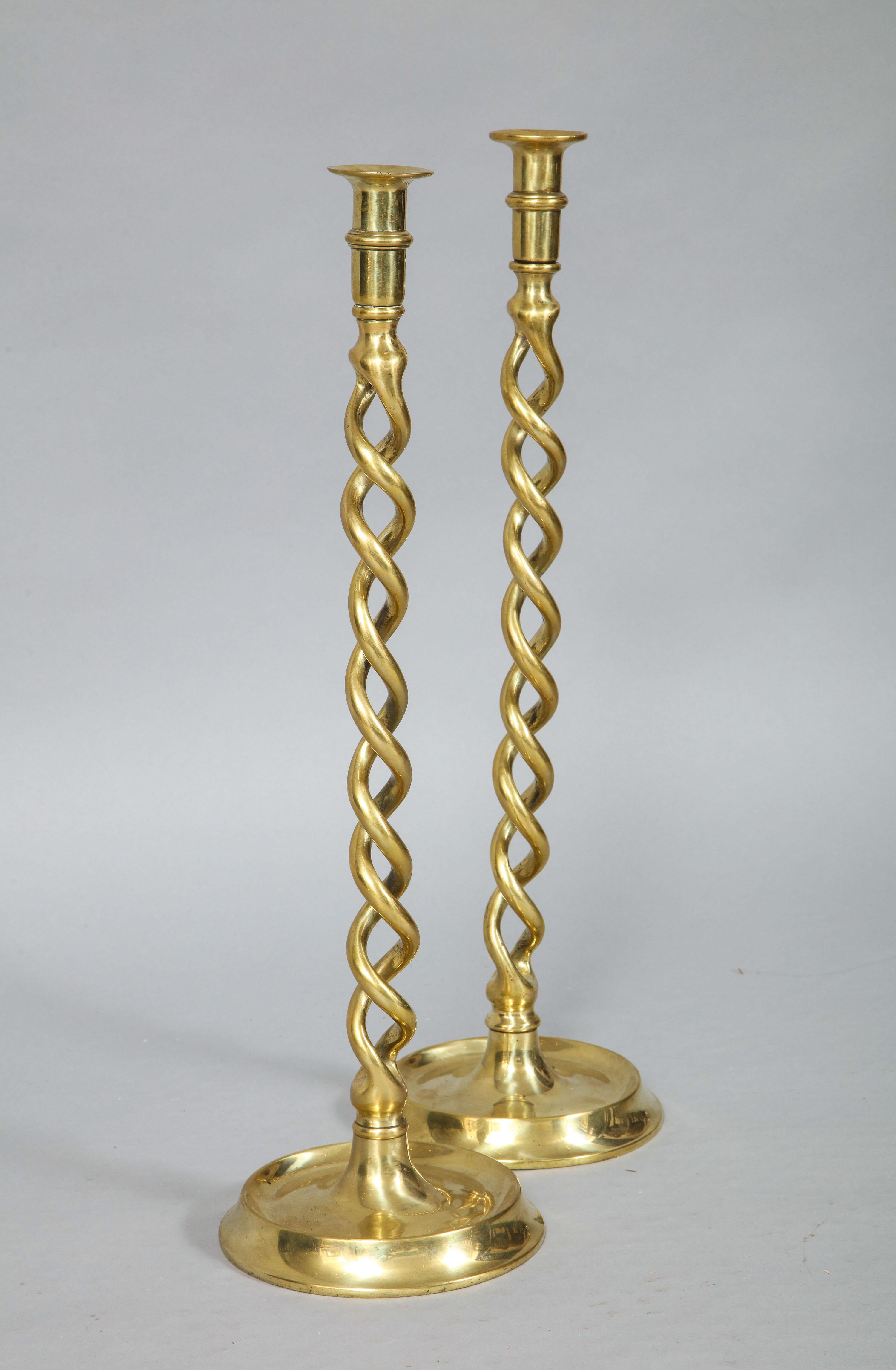 Pair of English Brass Overscale Barley Twist Candlesticks 2