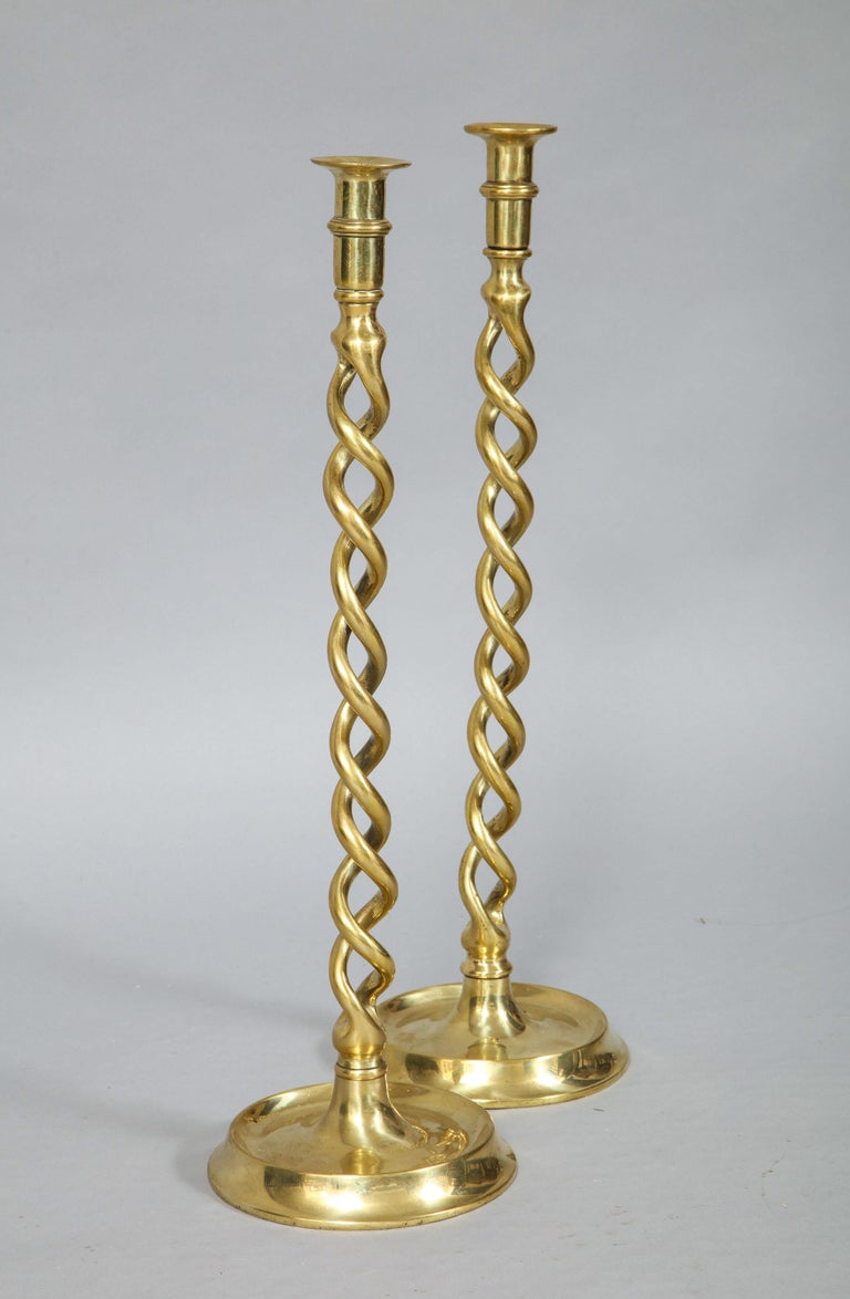 Pair of English Brass Overscale Barley Twist Candlesticks at 1stDibs