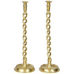 Antique Pair of English Brass Overscale Barley Twist Candlesticks