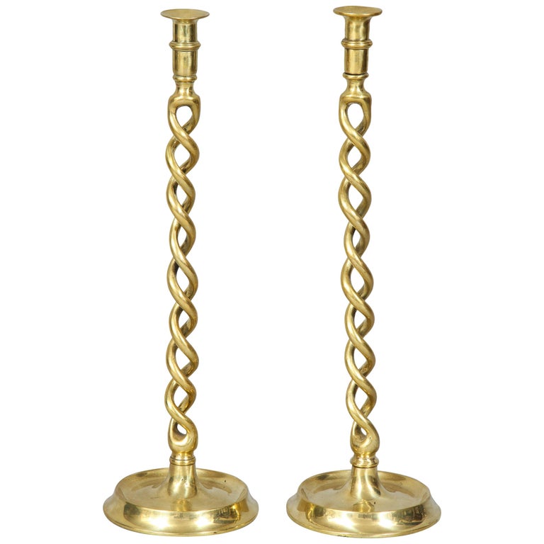 Pair of English Brass Overscale Barley Twist Candlesticks at 1stDibs