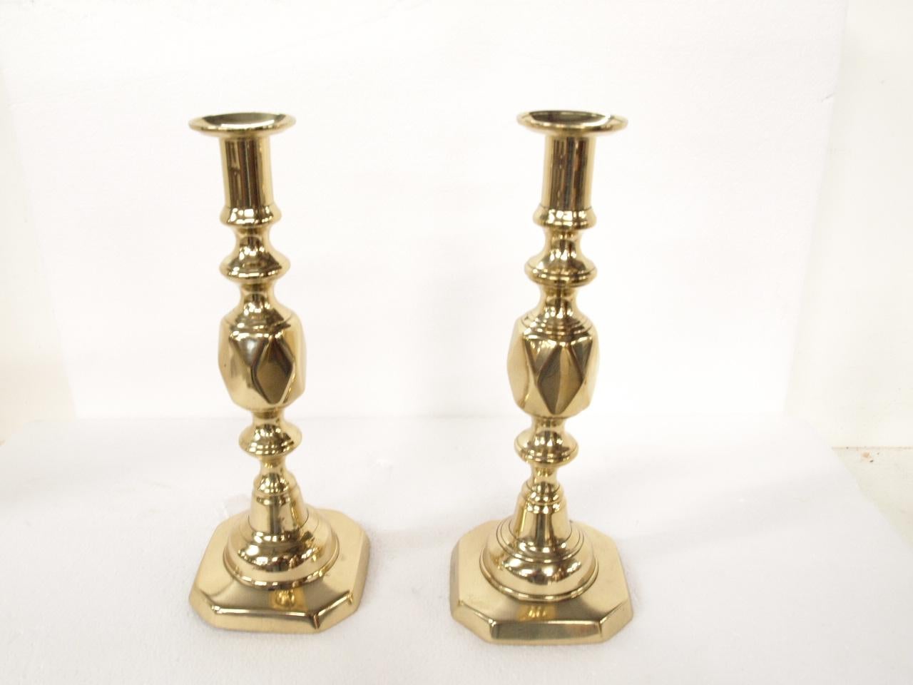 Pair of English Brass ''Queen of Diamonds'' Candlesticks 1