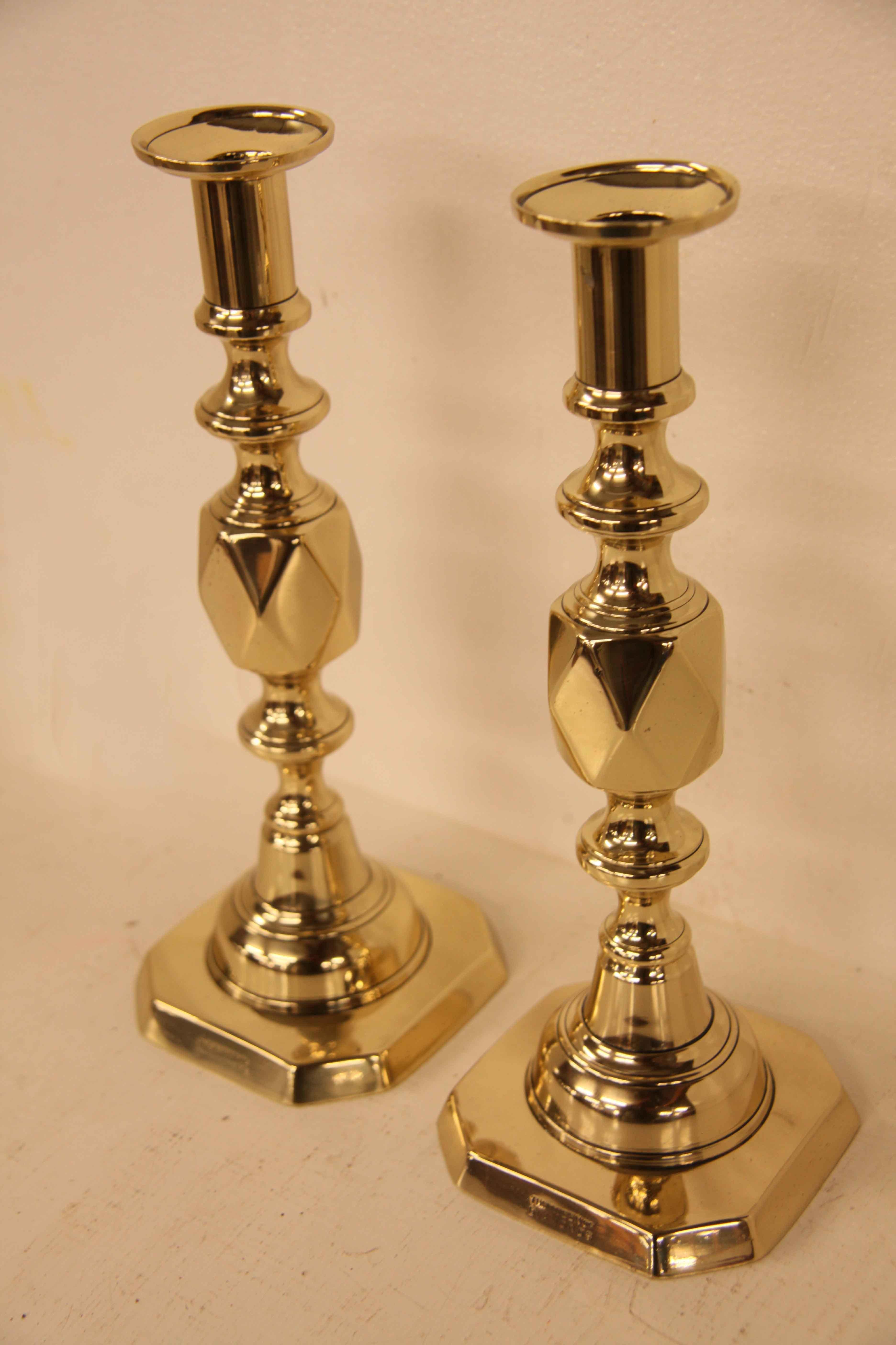 Pair of English Brass ''Queen of Diamonds'' Candlesticks 2