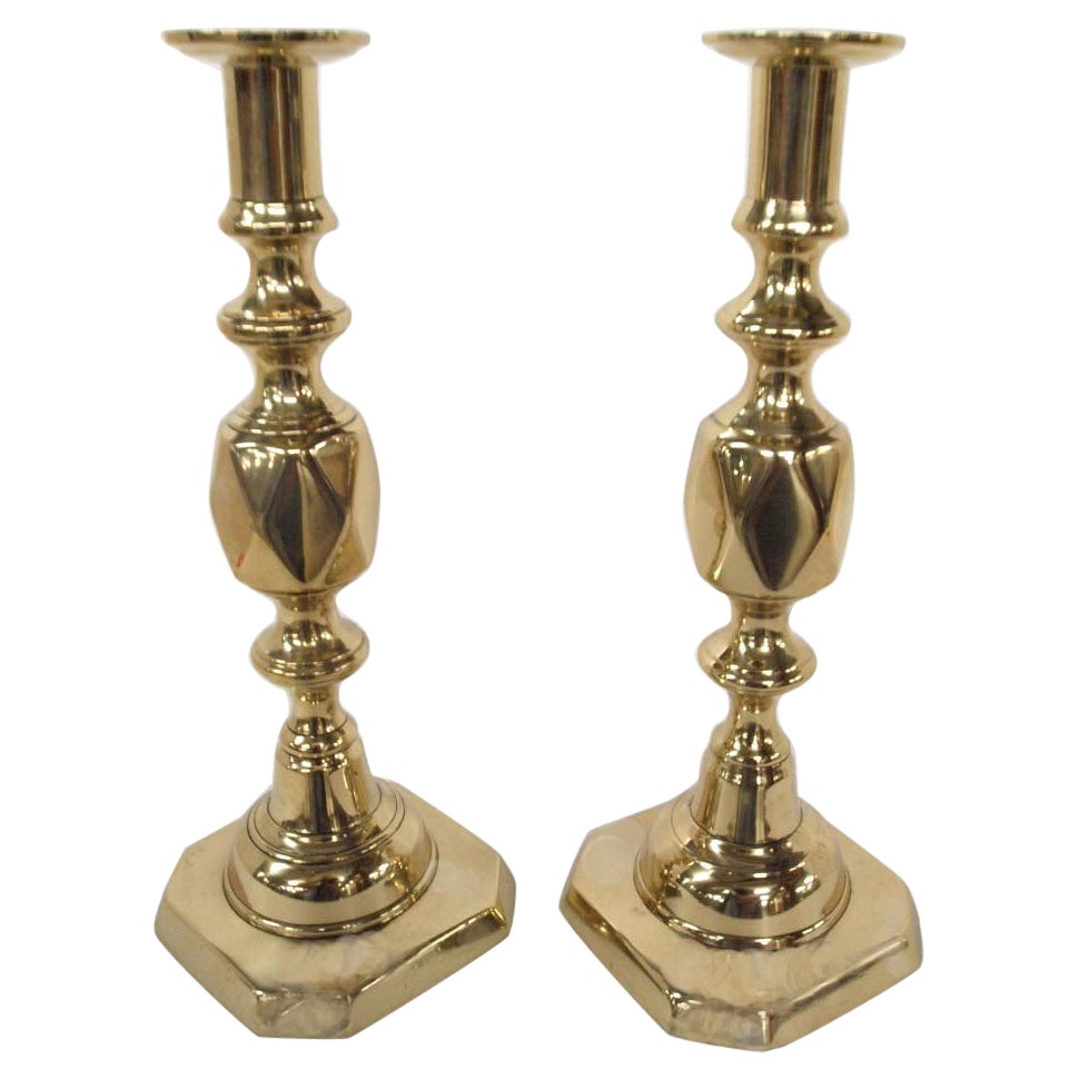 Pair of English Brass ''Queen of Diamonds'' Candlesticks