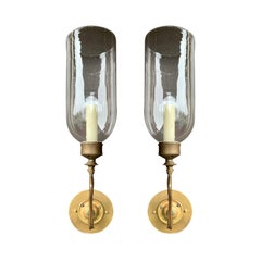 Pair of English Brass Sconces with Original Globes & Old Labels, circa 1820