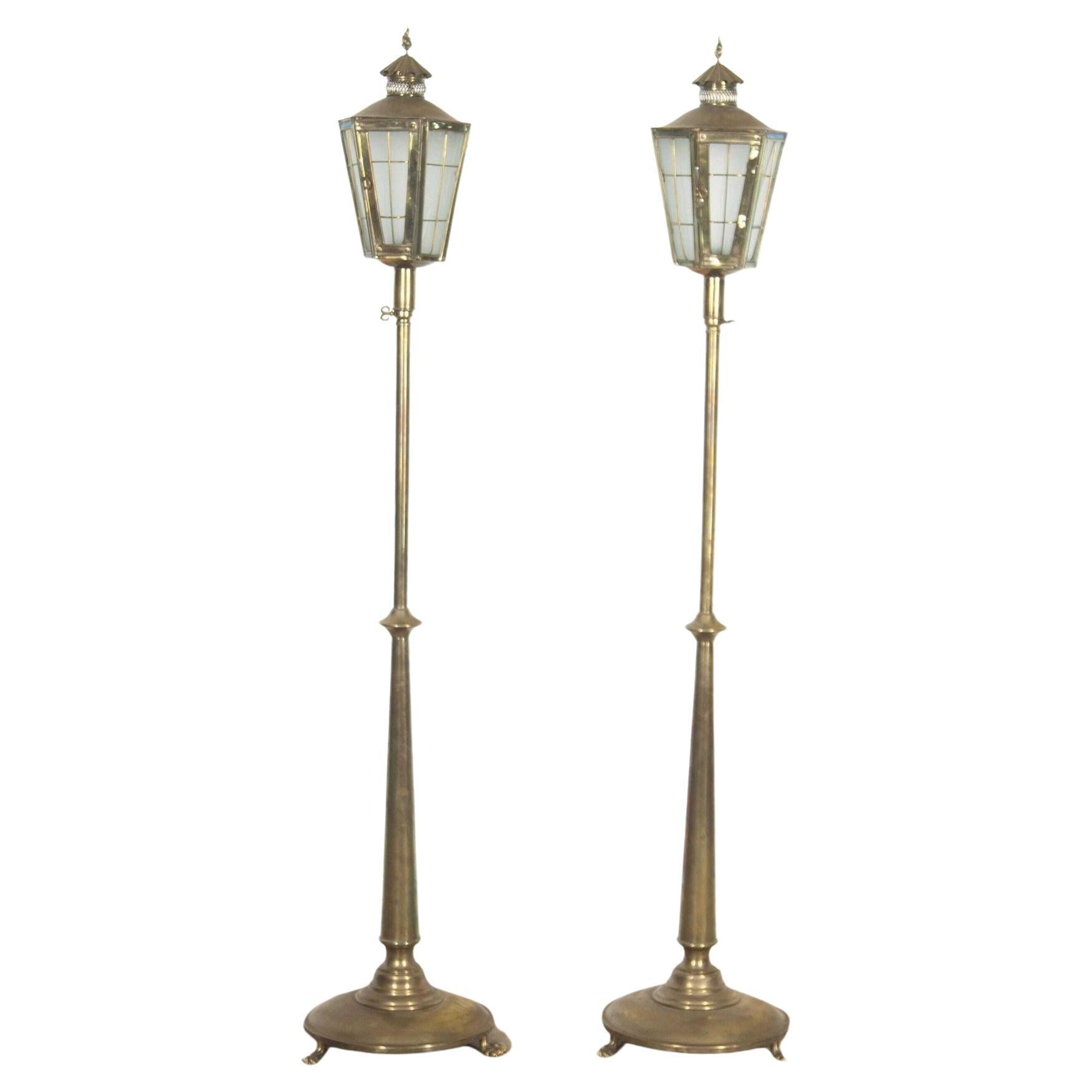 Pair of English Brass Standing Lanterns For Sale