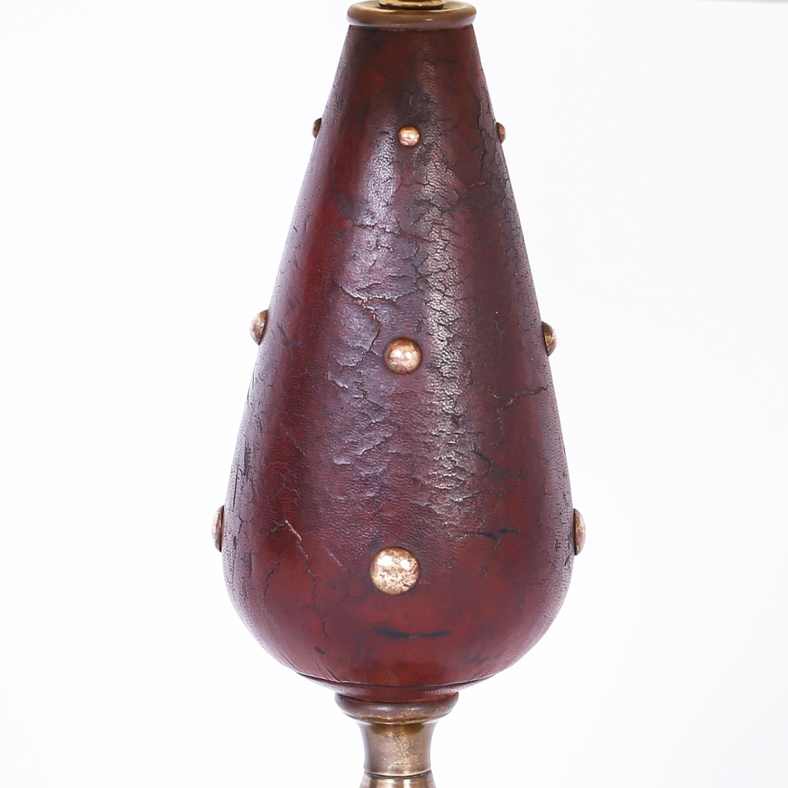 Patinated Pair of English Brass Studded Leather Table Lamps For Sale