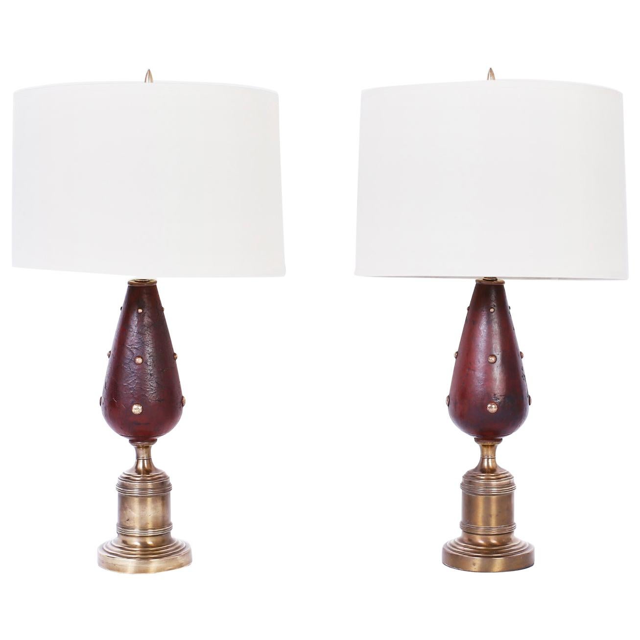 Pair of English Brass Studded Leather Table Lamps For Sale