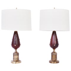 Vintage Pair of English Brass Studded Leather Table Lamps