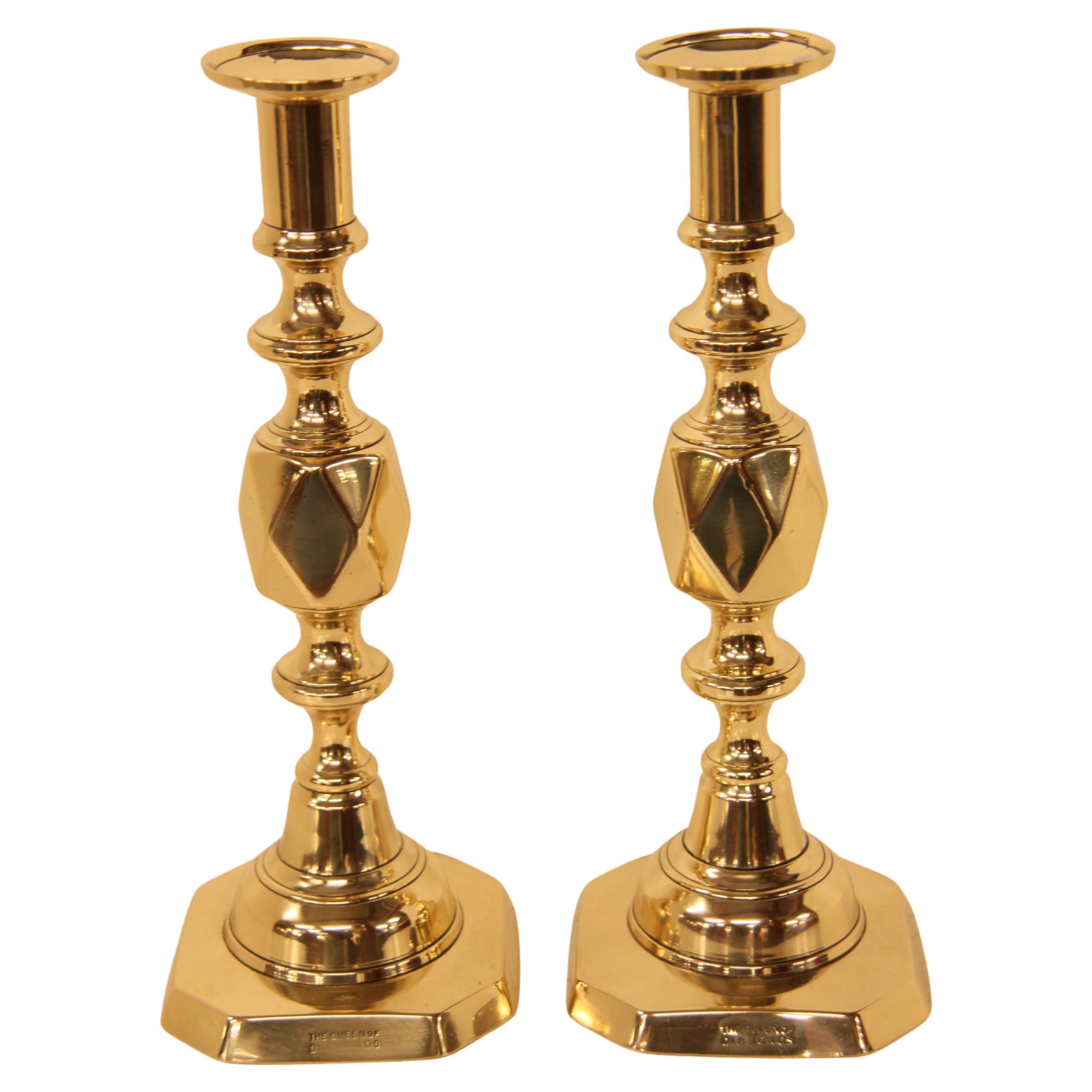 Pair of English brass '' The Diamond Princess'' candlesticks, this pair are from the famous diamond candlestick series that have been collected for generations ( serious collectors hunt for and find the entire series) From smallest to largest they