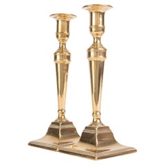 Antique Pair of English Brass Trumpet Form Square Base Candlesticks, 1790