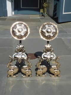 Pair of English Brass & Wrought Iron Flanking Medallion Griffon Andirons C 1830