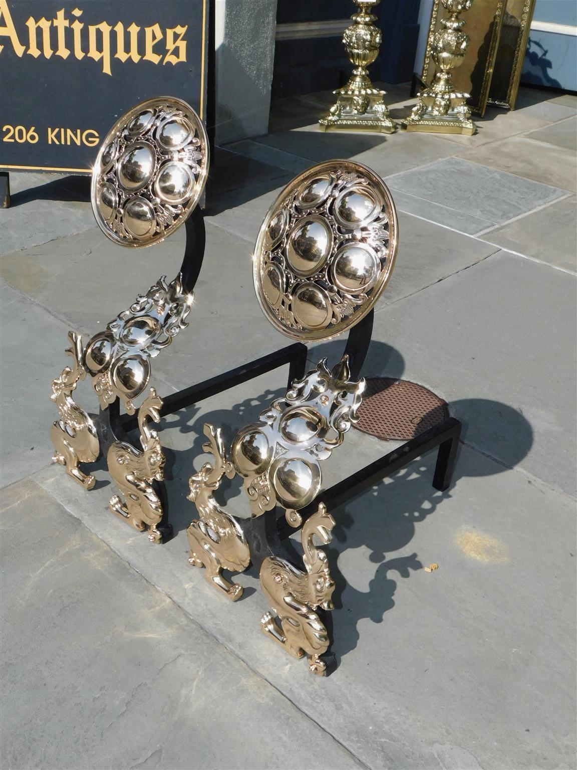 Cast Pair of English Brass & Wrought Iron Flanking Medallion Griffon Andirons C 1830 For Sale