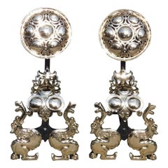 Pair of English Brass & Wrought Iron Flanking Medallion Griffon Andirons C 1830