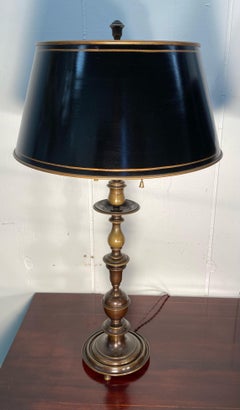 Pair of English Bronze Balustrade Lamps with Tole Shades, Early 20th Century