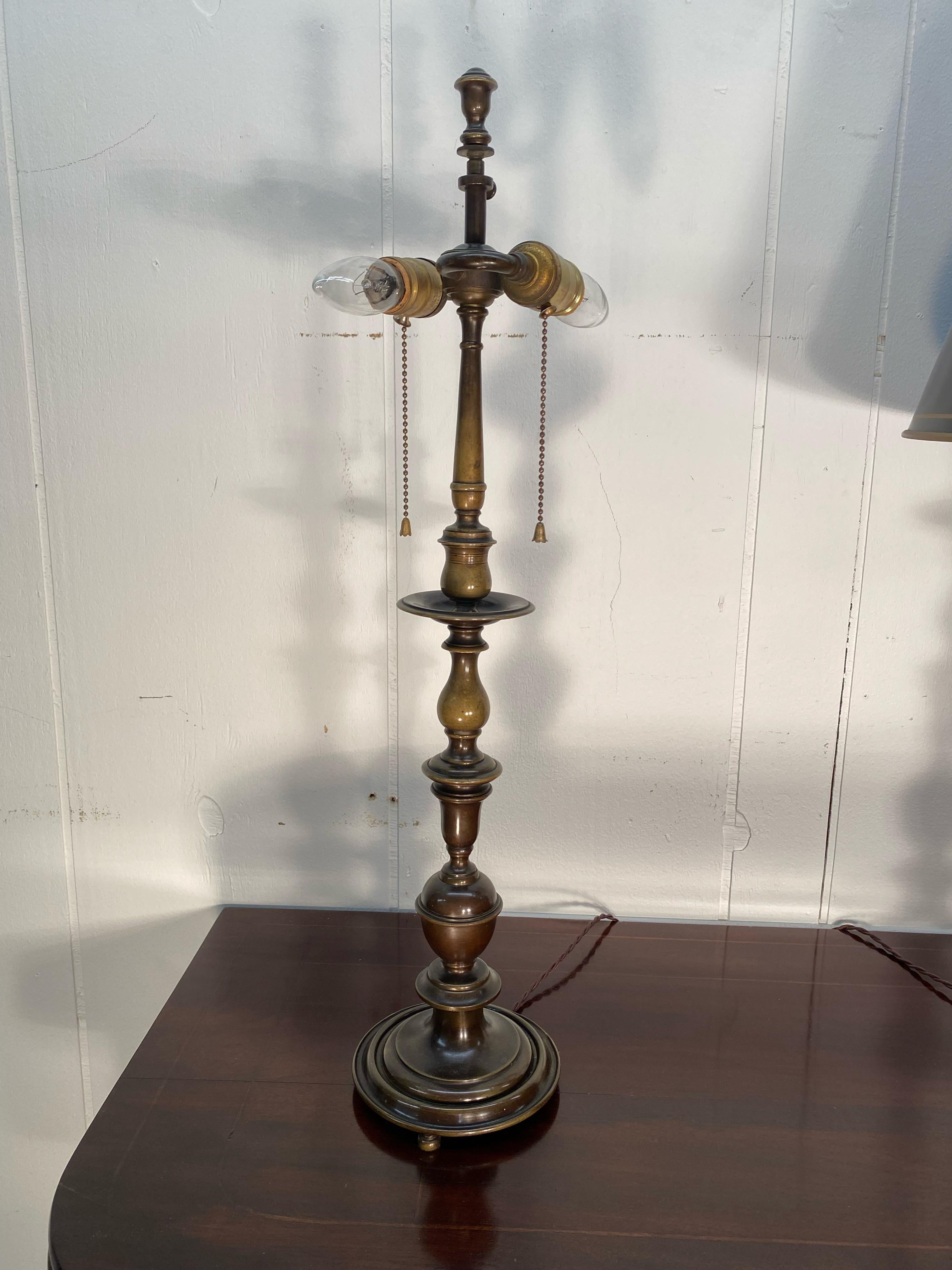 British Pair of English Bronze Balustrade Lamps with Tole Shades, Early 20th Century For Sale