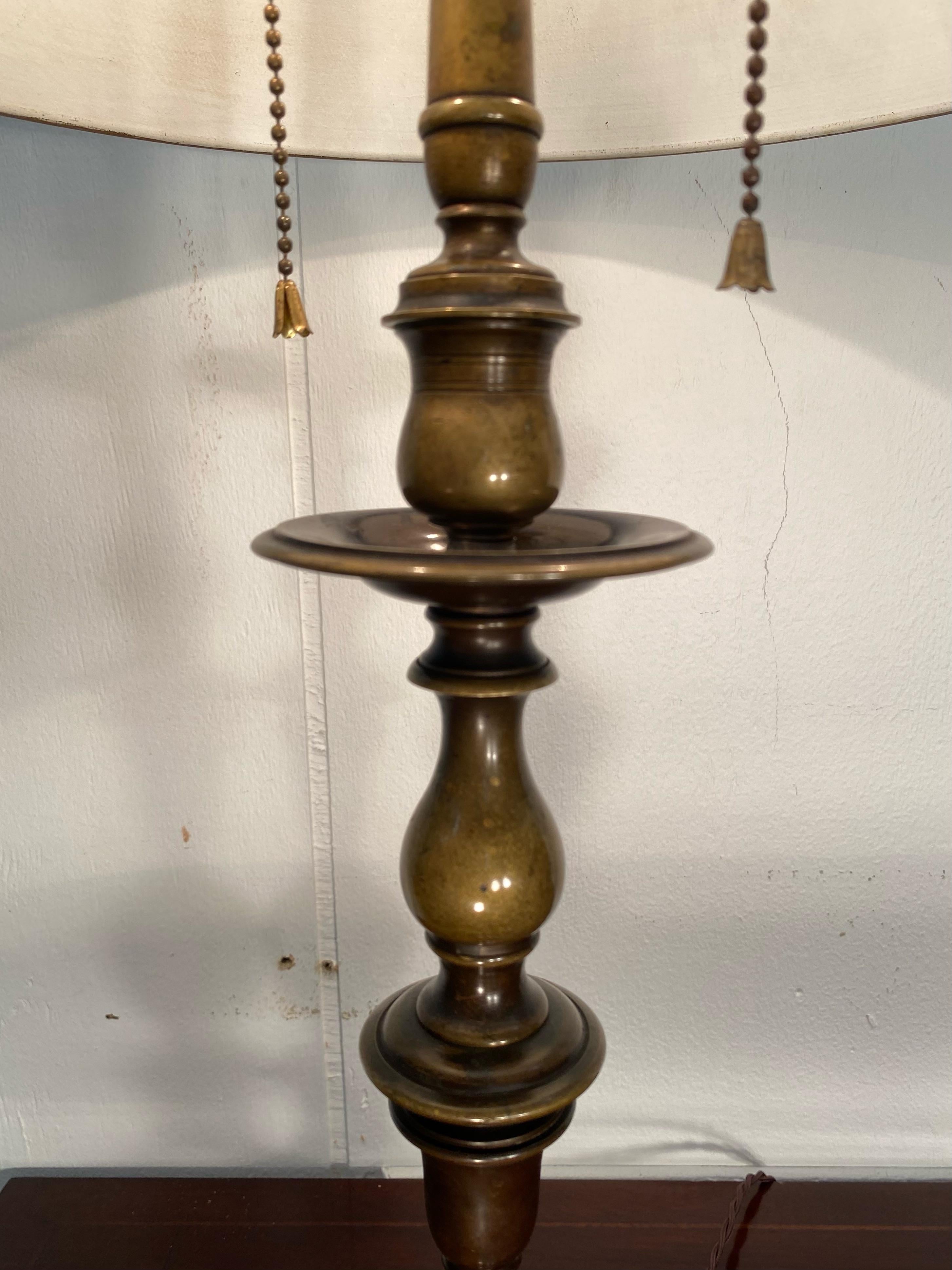 Pair of English Bronze Balustrade Lamps with Tole Shades, Early 20th Century In Good Condition For Sale In Charleston, SC