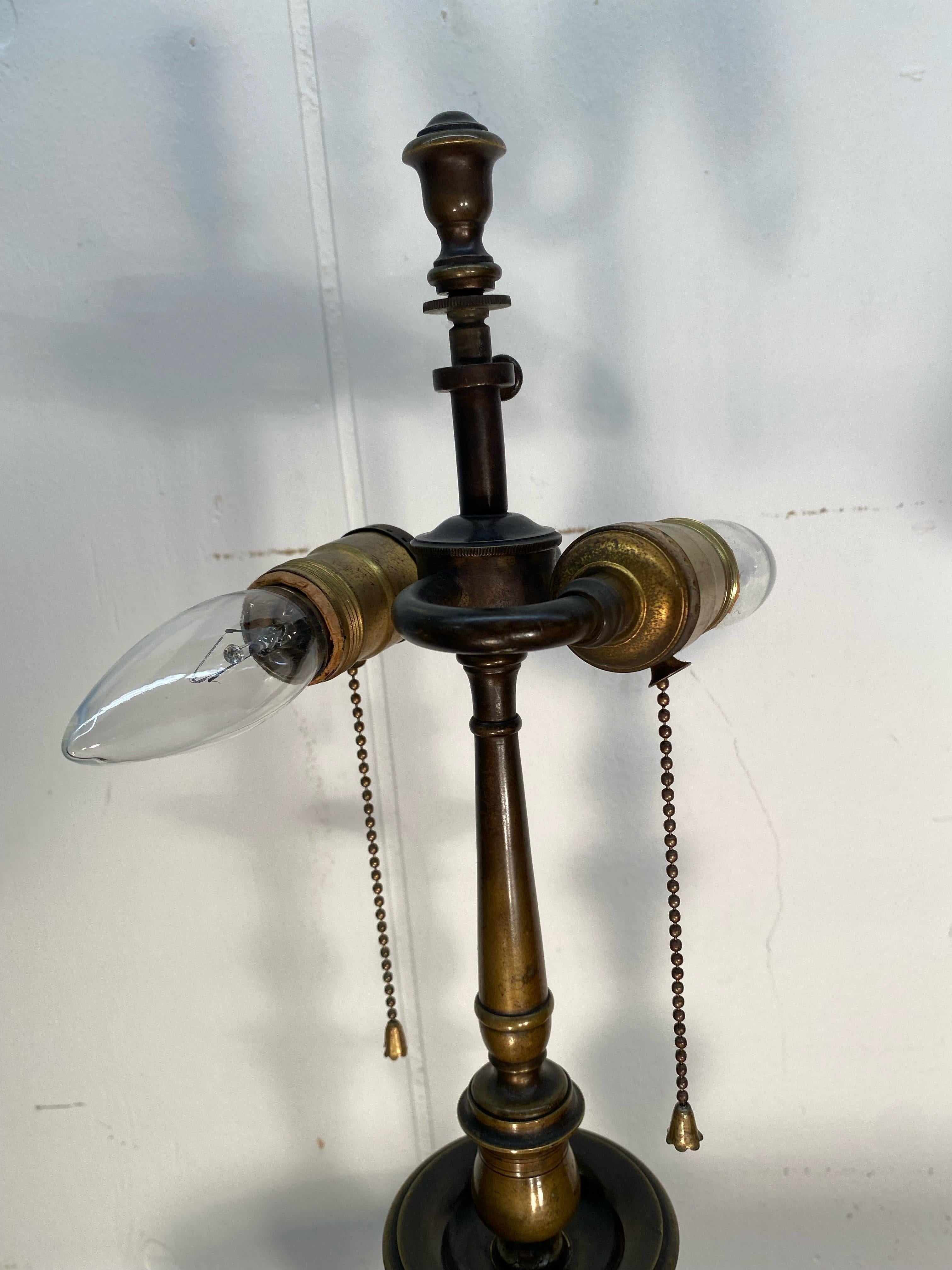 Pair of English Bronze Balustrade Lamps with Tole Shades, Early 20th Century For Sale 1
