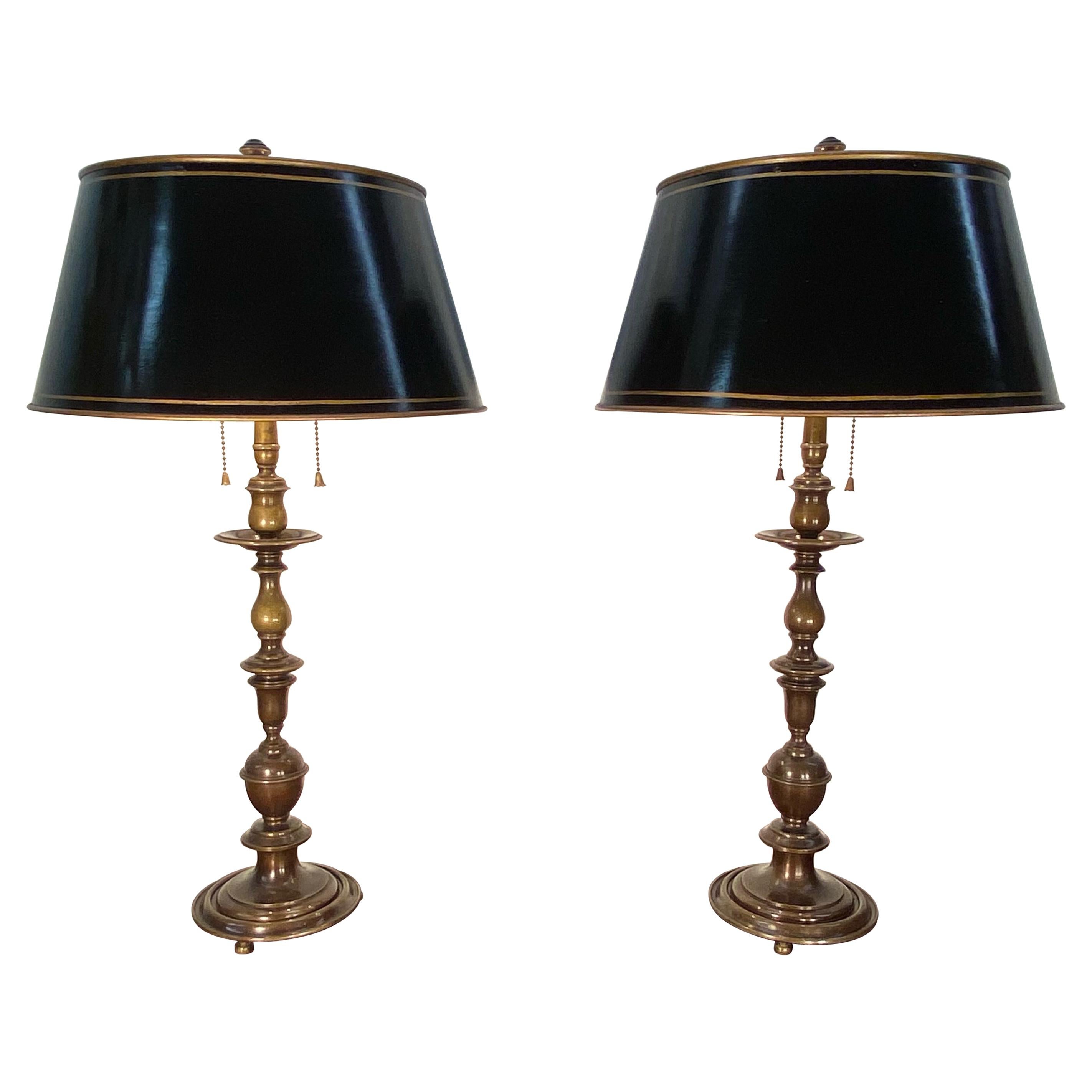 Pair of English Bronze Balustrade Lamps with Tole Shades, Early 20th Century