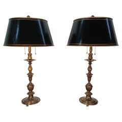 Antique Pair of English Bronze Balustrade Lamps with Tole Shades, Early 20th Century