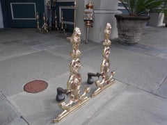 Pair of Italian Bronze Flanking Lion and Griffon Foliage Andirons, Circa 1850